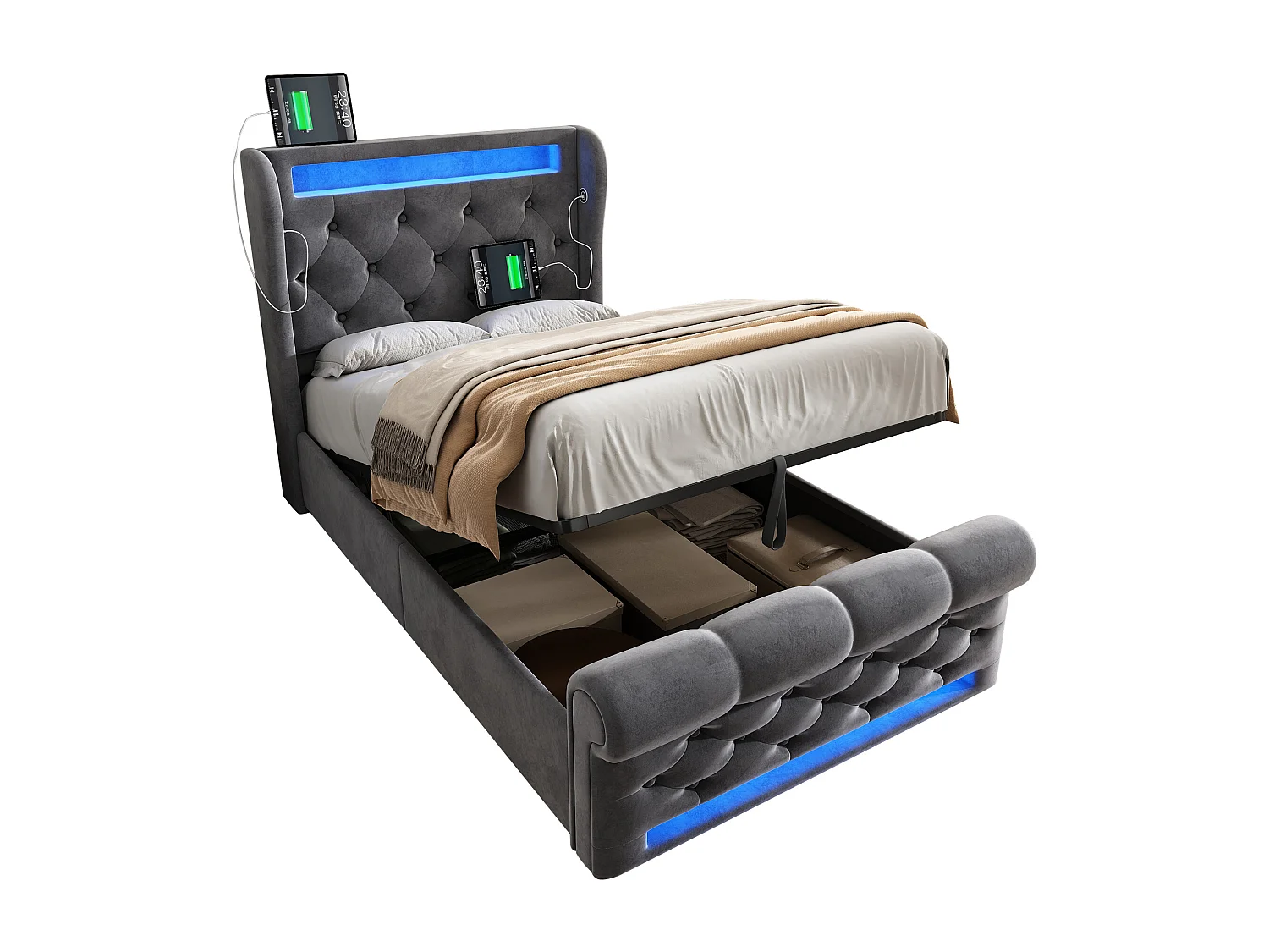 Lit coffre 90x200 cm, velours gris, Lit simple avec lumière LED et ports USB/Type-C - sans matelas