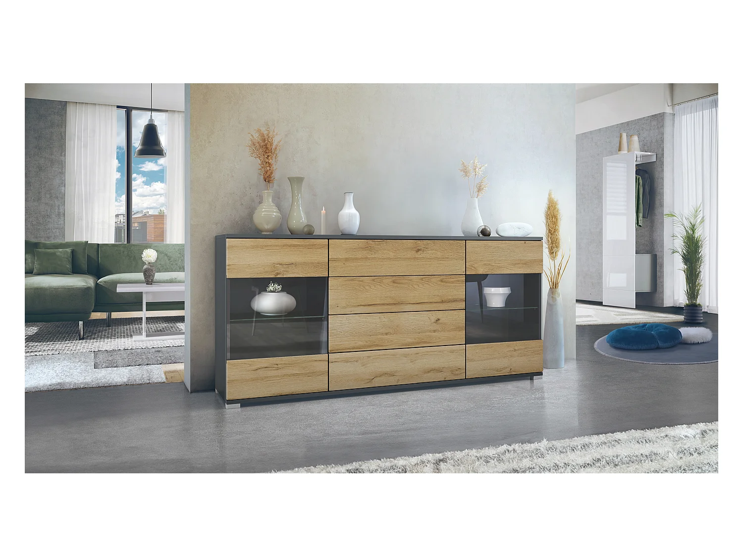 Buffet Bari V2 – Meuble avec 2 Grandes Portes et 4 Tiroirs, anthracite mat/chêne nature (166,5 x 75,5 x 35)