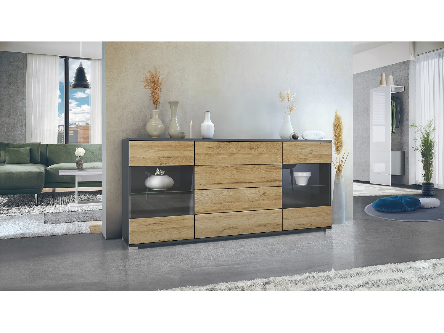 Buffet Bari V2 – Meuble avec 2 Grandes Portes et 4 Tiroirs, anthracite mat/chêne nature (166,5 x 75,5 x 35)