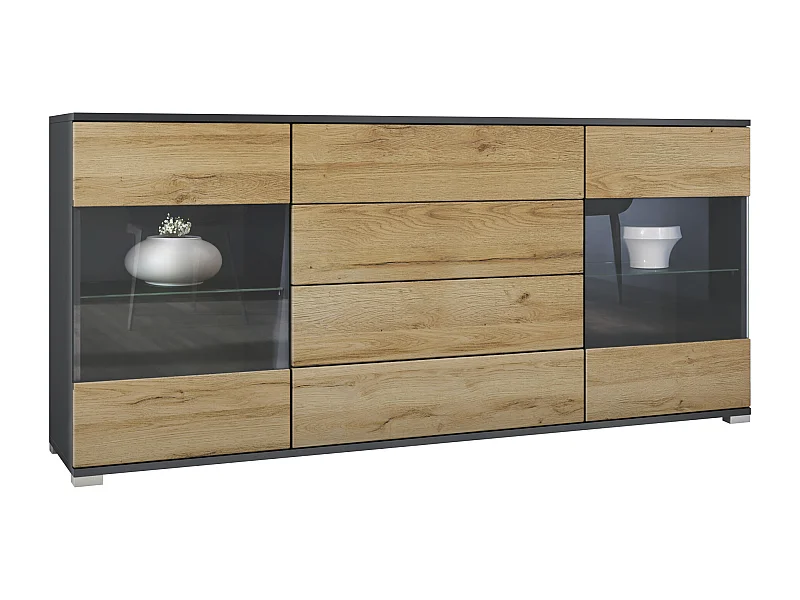 Credenza Bari  V2 – Mobile con 2 Grandi Ante e 4 Cassetti, antracite opaco /rovere naturale (166,5 x 75,5 x 35)