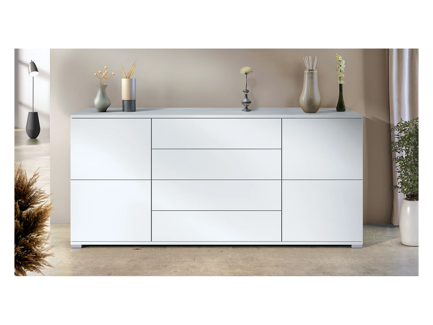 Buffet Rova V2 – Meuble avec 4 Portes et 4 Tiroirs, blanc mat/blanc mat (166,5 x 75,5 x 35)