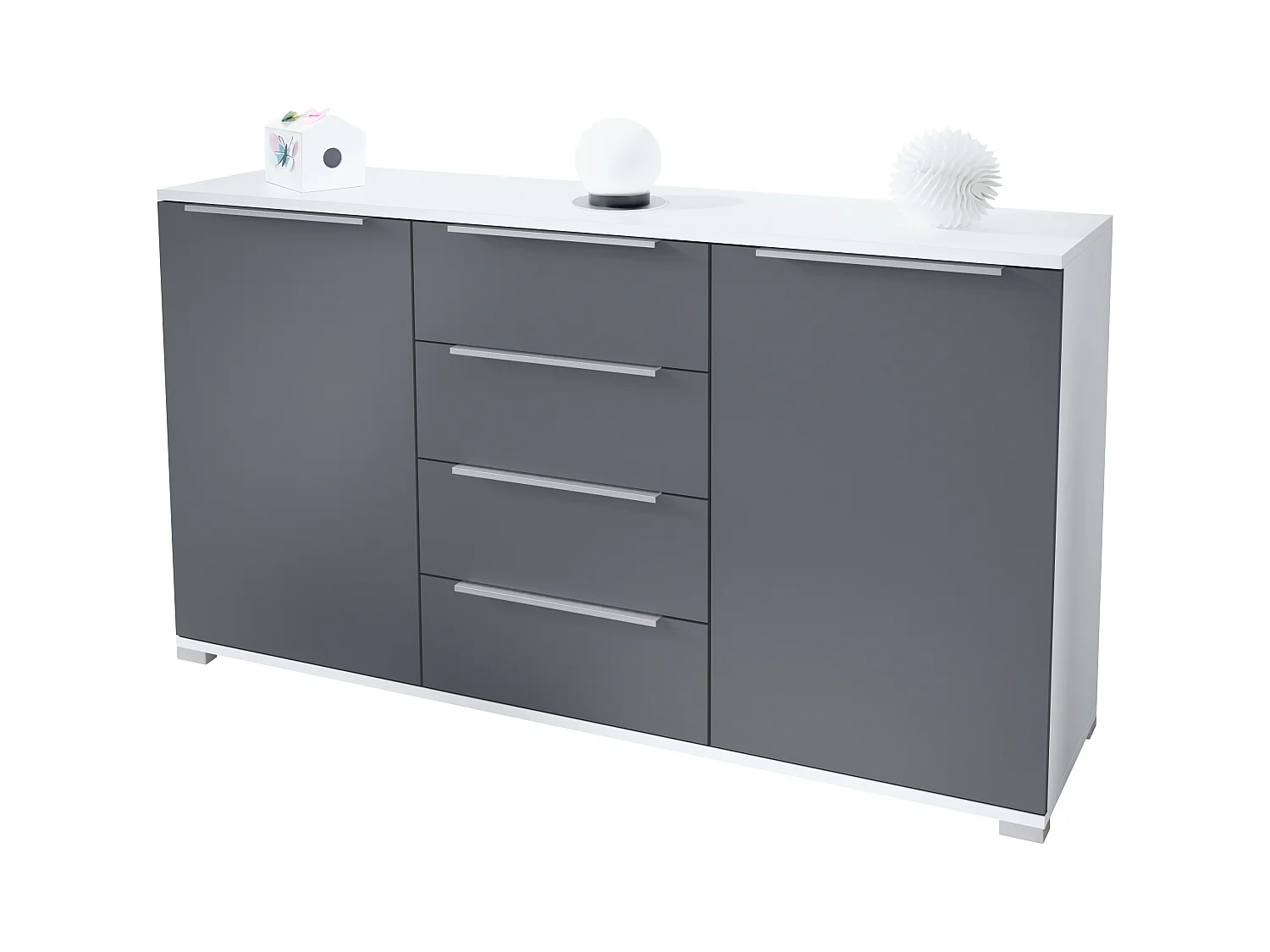 Buffet Linio V1, Enfilade avec 2 portes et 4 tiroirs, blanc mat / anthracite mat (138,5 x 75,5 x 35 cm)
