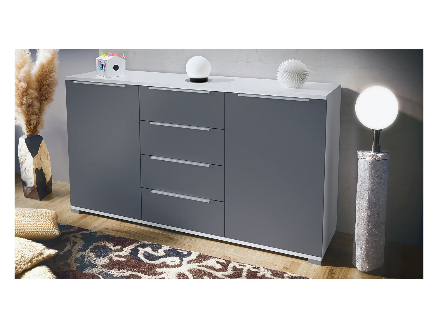 Buffet Linio V1, Enfilade avec 2 portes et 4 tiroirs, blanc mat / anthracite mat (138,5 x 75,5 x 35 cm)