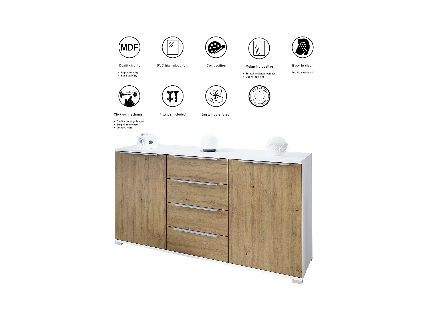 Buffet Linio V1, Enfilade avec 2 portes et 4 tiroirs, blanc mat / anthracite mat (138,5 x 75,5 x 35 cm)