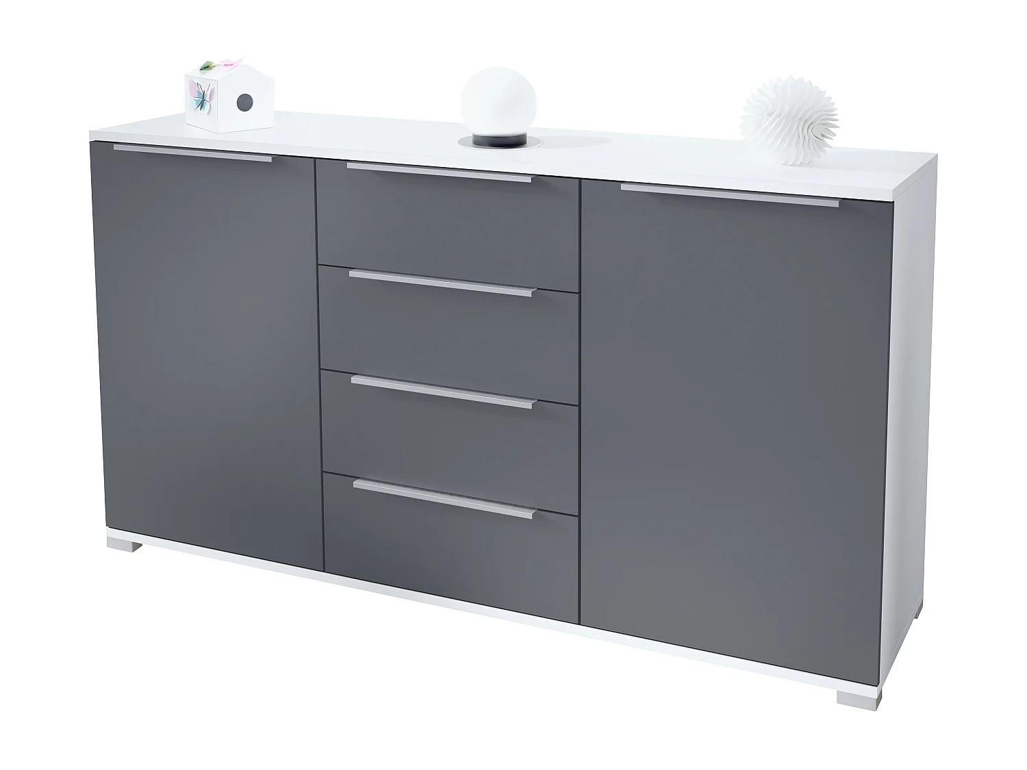 Buffet Linio V1, Enfilade avec 2 portes et 4 tiroirs, blanc mat / anthracite mat (138,5 x 75,5 x 35 cm)