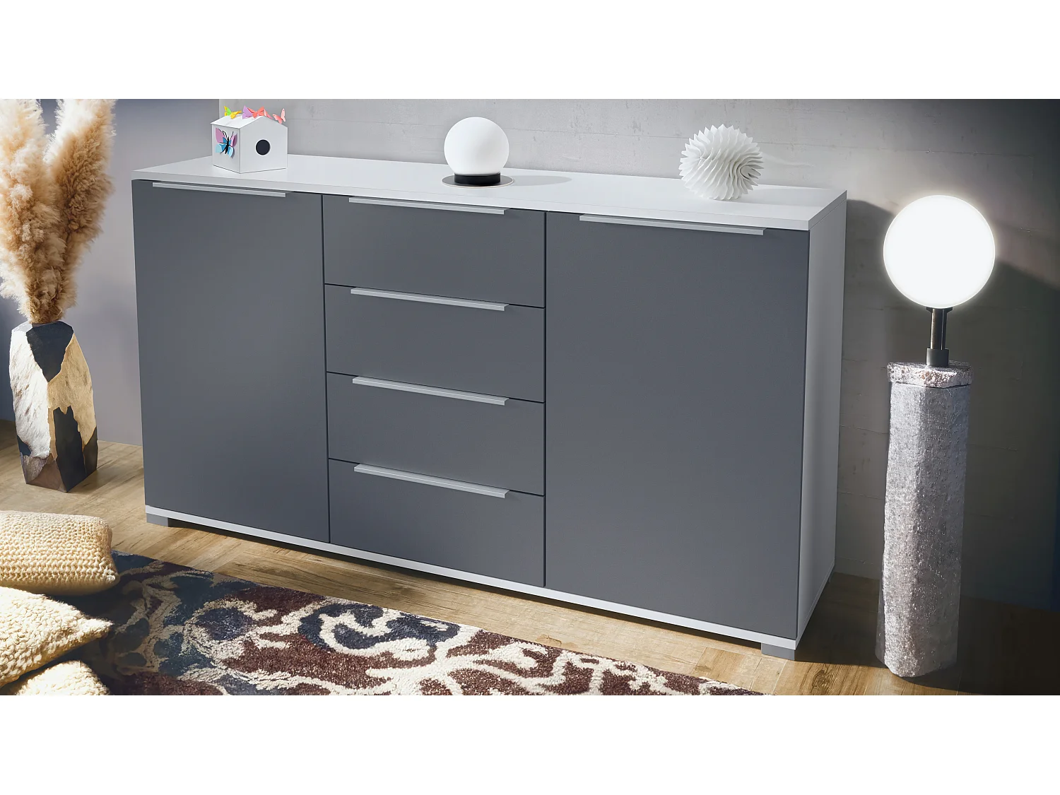 Buffet Linio V1, Enfilade avec 2 portes et 4 tiroirs, blanc mat / anthracite mat (138,5 x 75,5 x 35 cm)