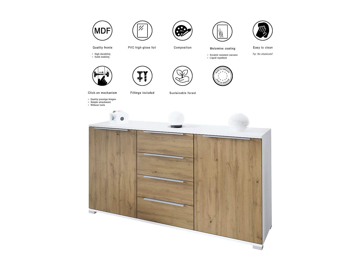 Buffet Linio V1, Enfilade avec 2 portes et 4 tiroirs, blanc mat / anthracite mat (138,5 x 75,5 x 35 cm)