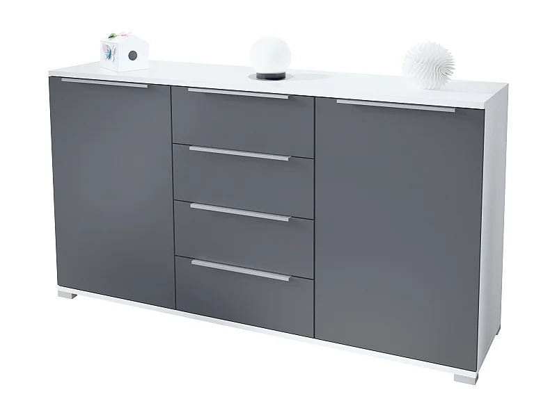 Buffet Linio V1, Enfilade avec 2 portes et 4 tiroirs, blanc mat / anthracite mat (138,5 x 75,5 x 35 cm)