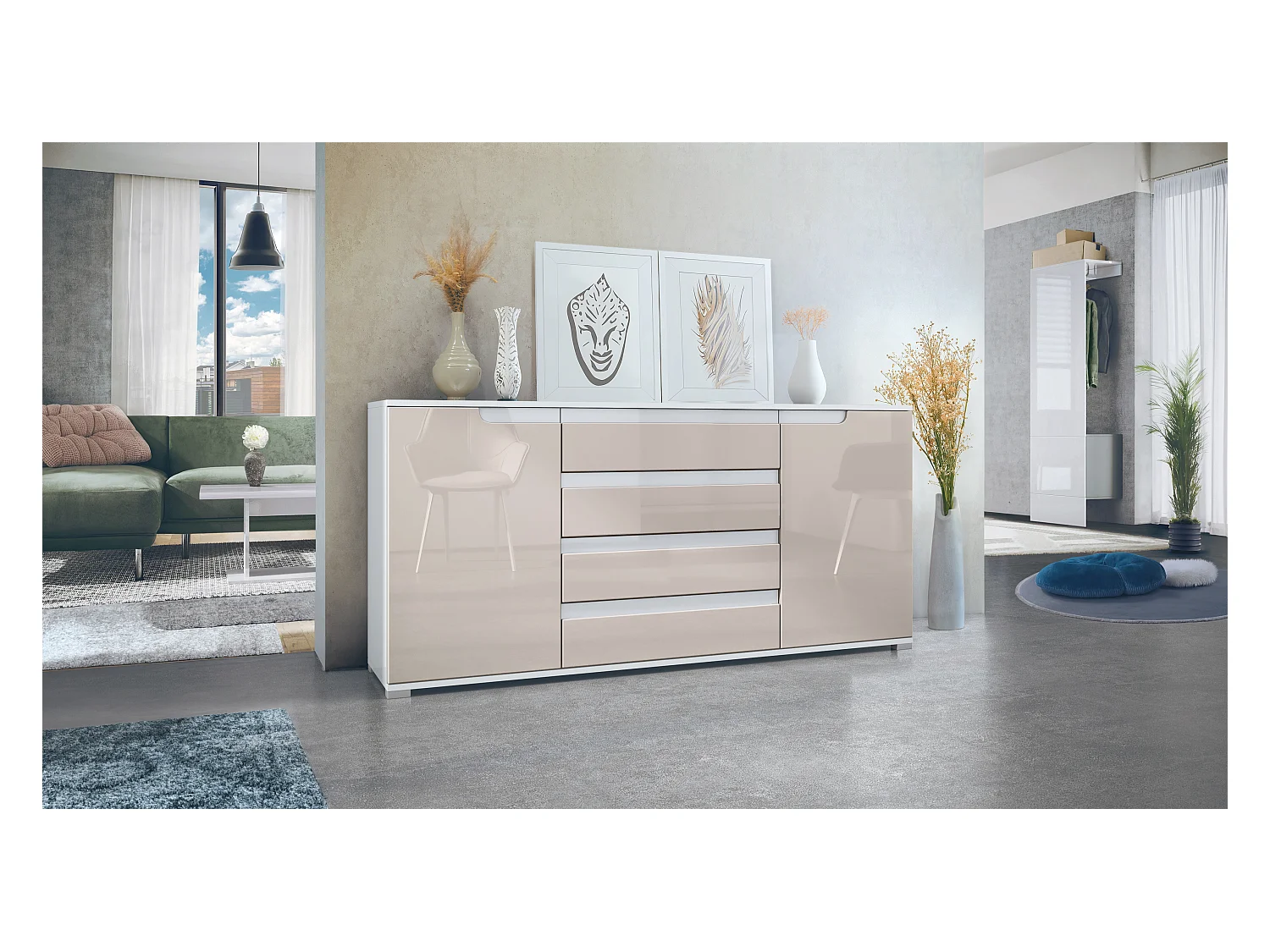 Buffet Sylt V2, Commode avec 2 Portes et 4 Tiroirs, Corps - blanc mat / Façade - gris sable haute brillance / Détails - blanc haute brillance (166,5 x 75,5 x 35 cm)