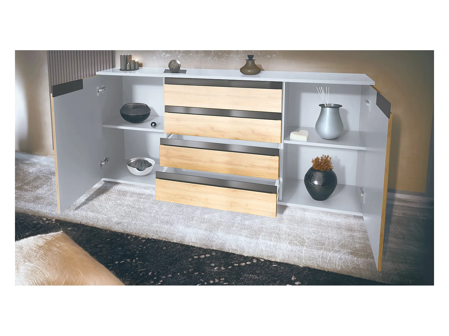 Buffet Sylt V2, Commode avec 2 Portes et 4 Tiroirs, Corps - blanc mat / Façade - gris sable haute brillance / Détails - blanc haute brillance (166,5 x 75,5 x 35 cm)