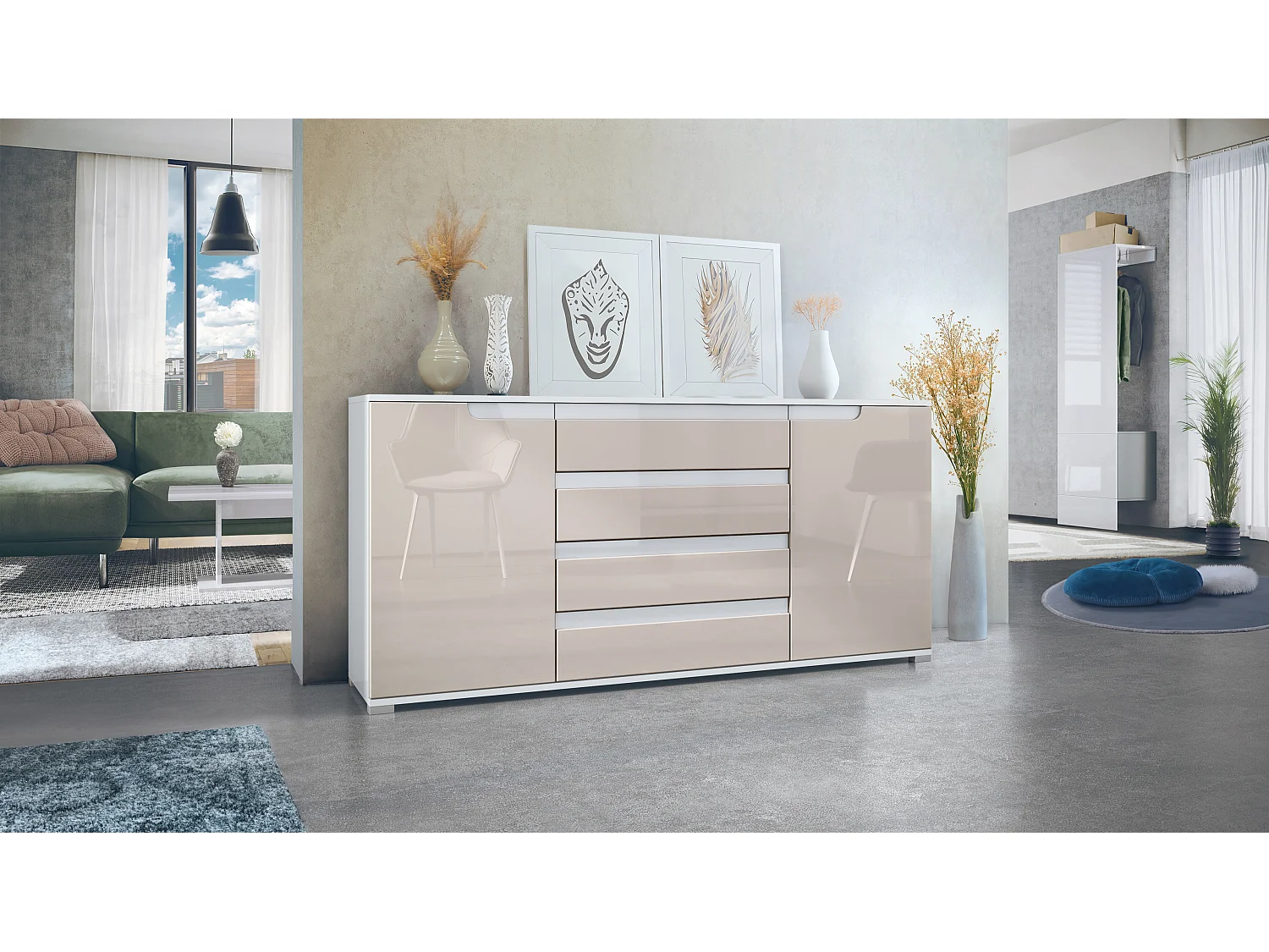 Buffet Sylt V2, Commode avec 2 Portes et 4 Tiroirs, Corps - blanc mat / Façade - gris sable haute brillance / Détails - blanc haute brillance (166,5 x 75,5 x 35 cm)