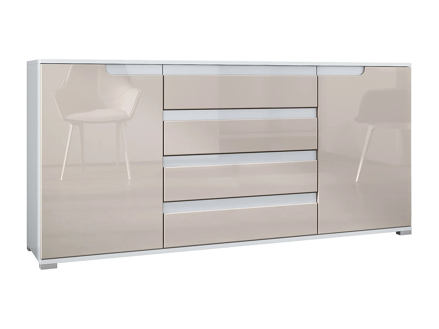 Buffet Sylt V2, Commode avec 2 Portes et 4 Tiroirs, Corps - blanc mat / Façade - gris sable haute brillance / Détails - blanc haute brillance (166,5 x 75,5 x 35 cm)