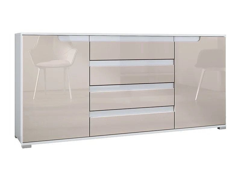Buffet Sylt V2, Commode avec 2 Portes et 4 Tiroirs, Corps - blanc mat / Façade - gris sable haute brillance / Détails - blanc haute brillance (166,5 x 75,5 x 35 cm)