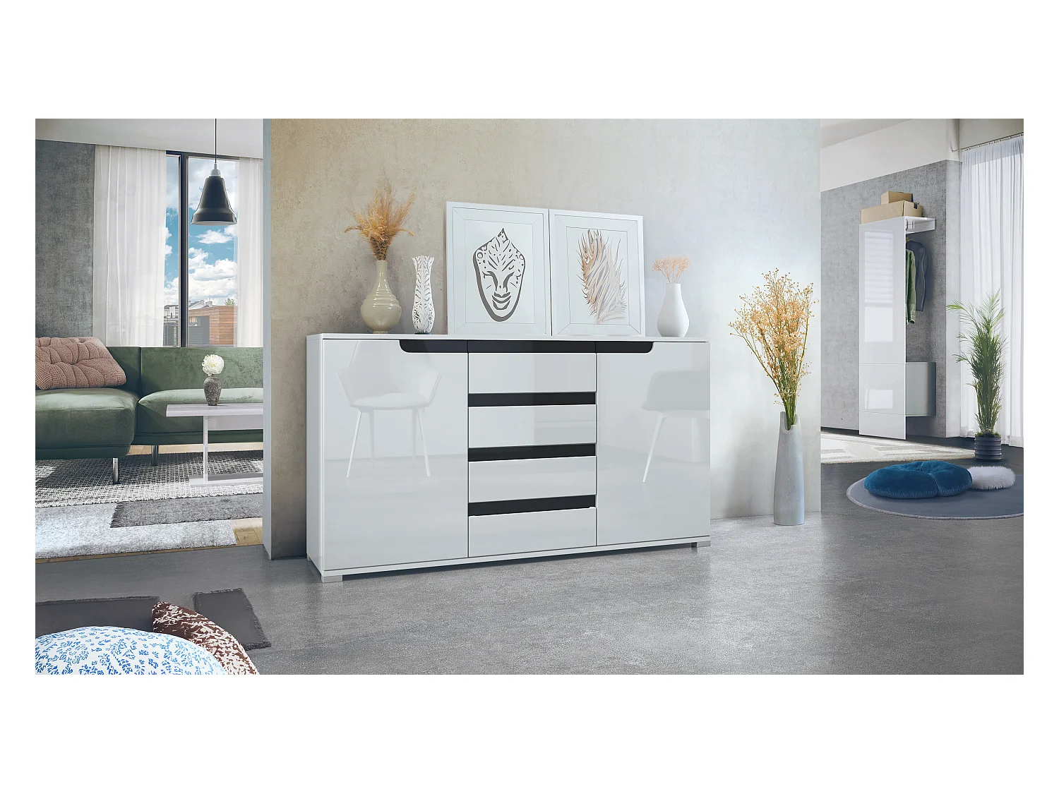 SIDEBOARD Sylt Weiß Hochglanz / Schwarz Hochglanz