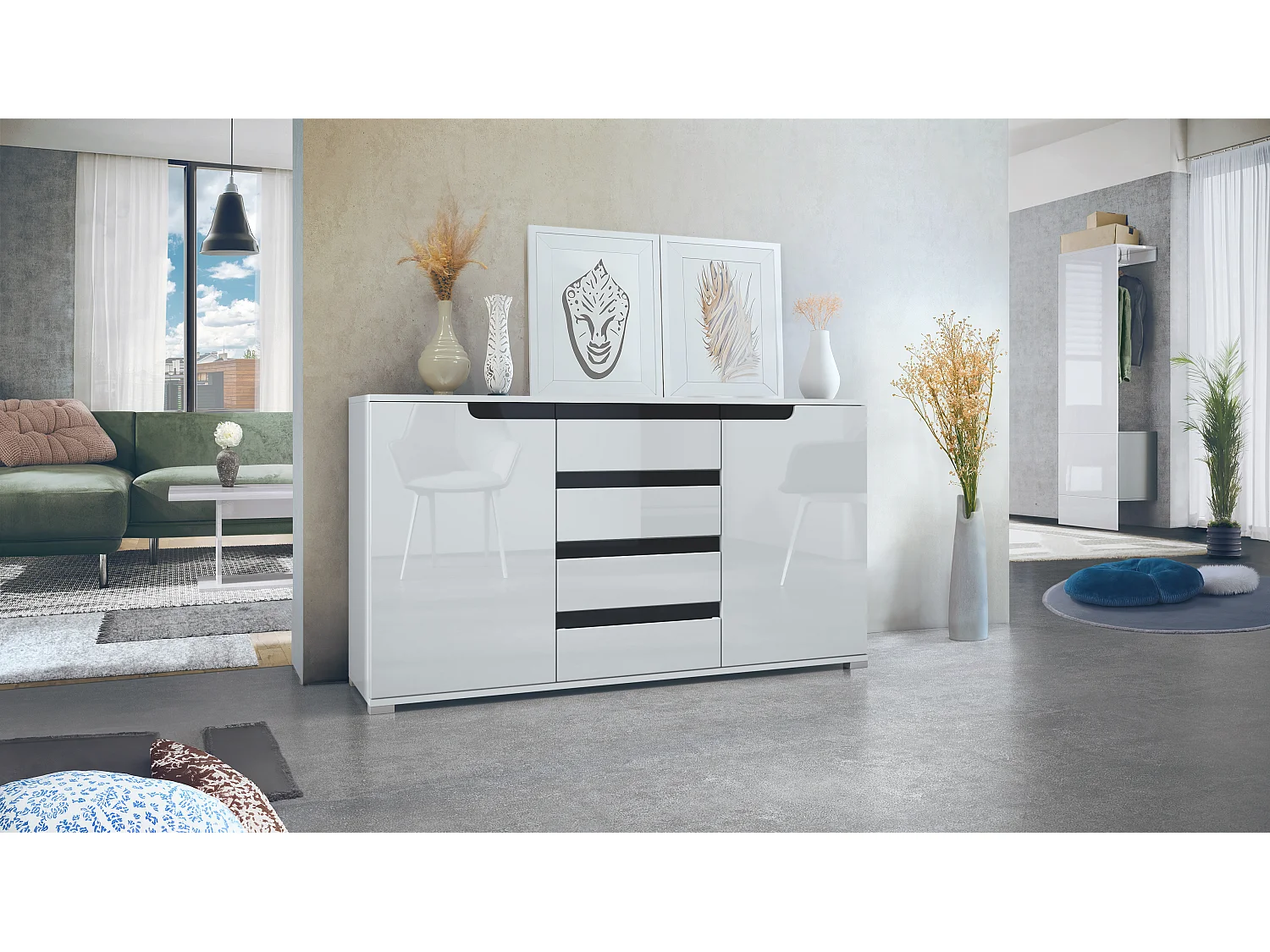 Credenza Cassettiera Sylt, struttura in nero opaco / frontale in bianco lucido con compensazioni in nero lucido (139 x 72 x 35)