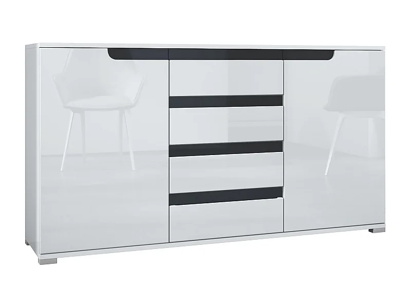 Buffet Dressoir Sylt, Corps en Noir mat / Façades en blanc haute brillance avec un decor en noir haute brillance (139 x 72 x 35)