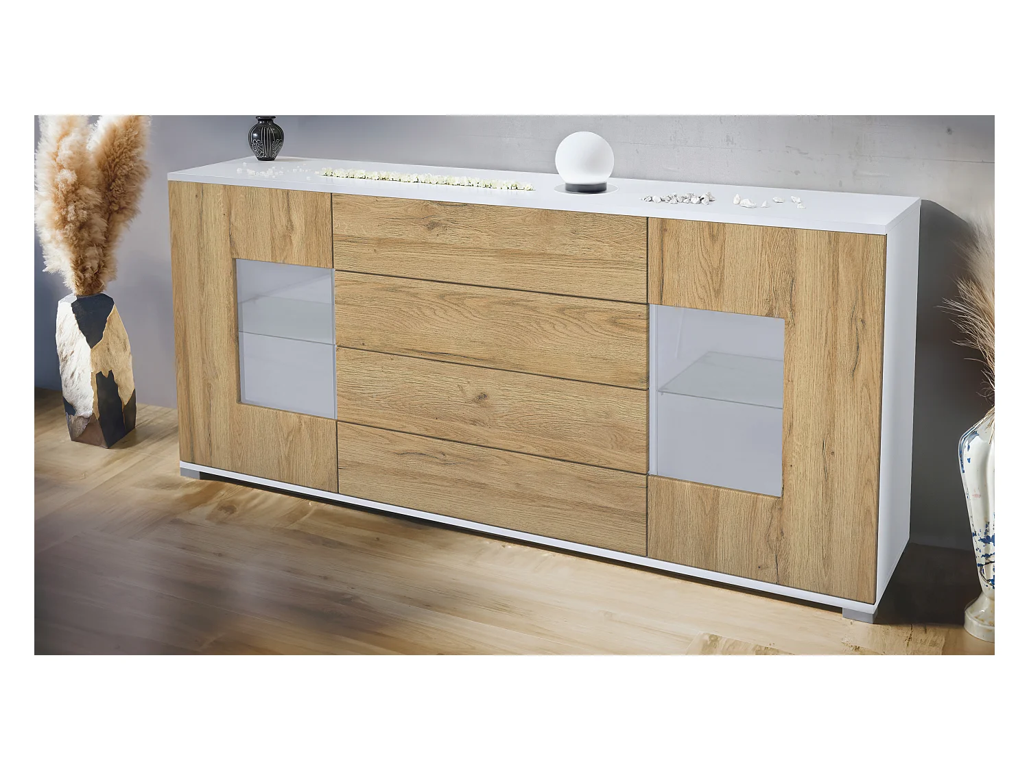 Buffet Grömitz V2 – Meuble avec 2 Grandes Portes et 4 Tiroirs, blanc mat/chêne nature (166,5 x 75,5 x 35)