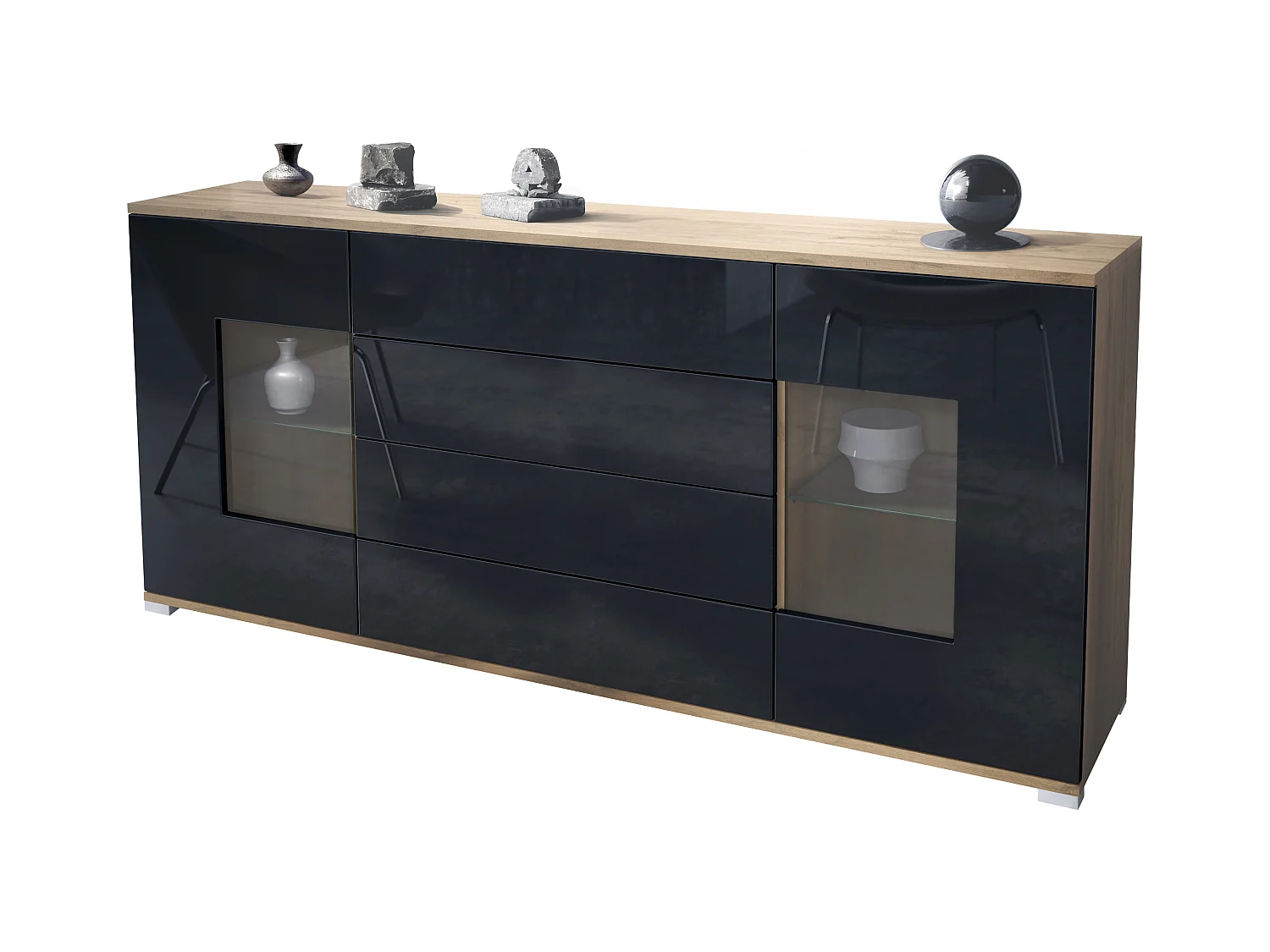 Buffet Grömitz V2 – Meuble avec 2 Grandes Portes et 4 Tiroirs, Chêne Evoke/noir haute brillance (166,5 x 75,5 x 35)