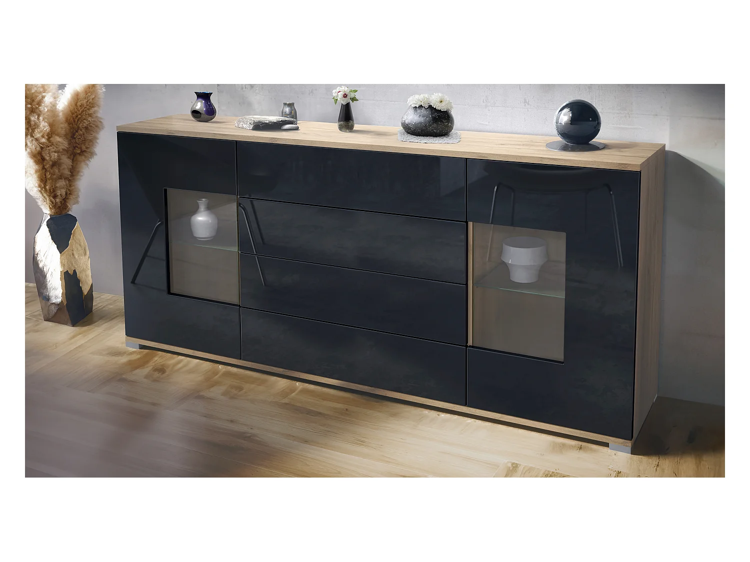 Buffet Grömitz V2 – Meuble avec 2 Grandes Portes et 4 Tiroirs, Chêne Evoke/noir haute brillance (166,5 x 75,5 x 35)
