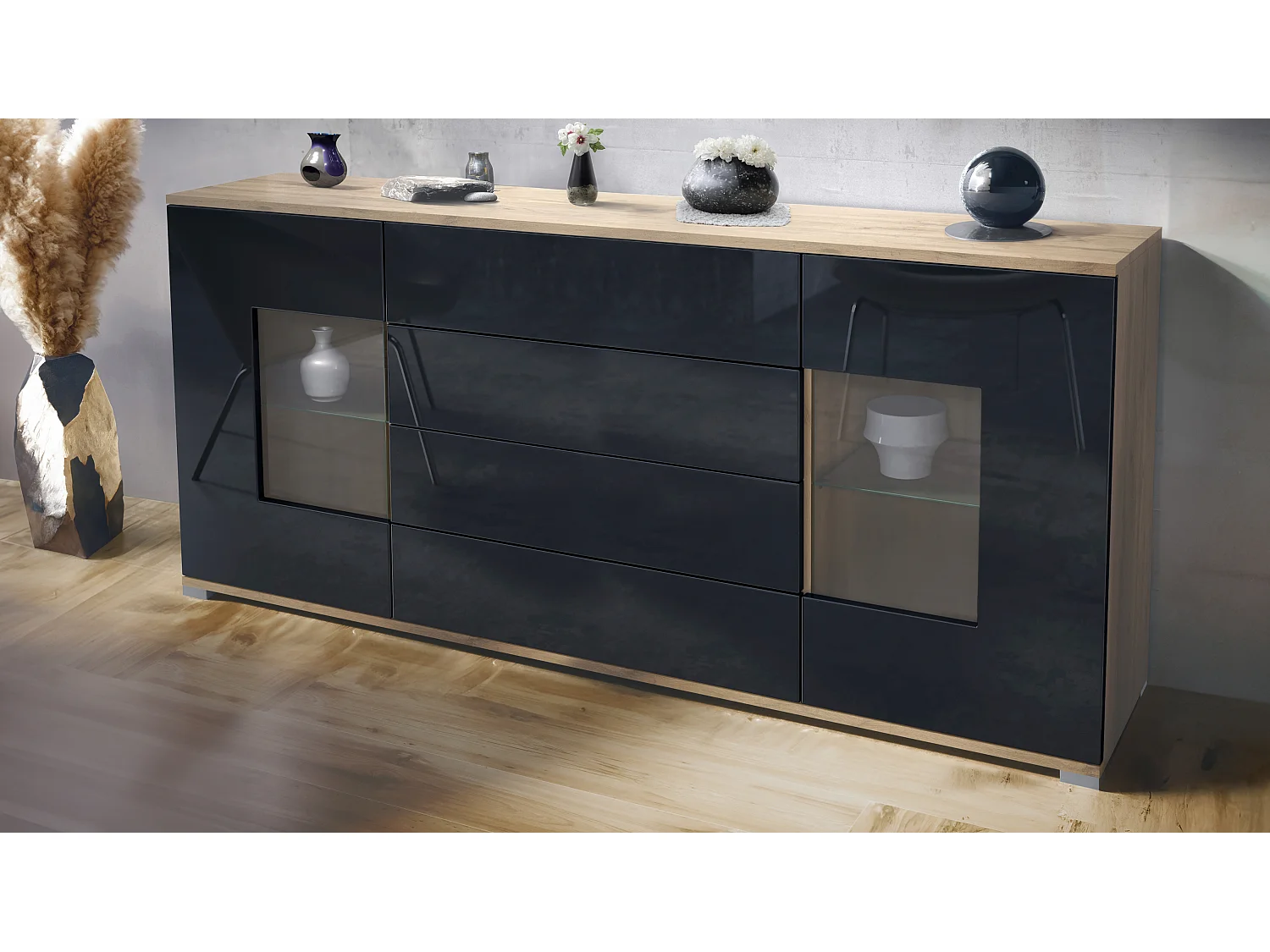 Buffet Grömitz V2 – Meuble avec 2 Grandes Portes et 4 Tiroirs, Chêne Evoke/noir haute brillance (166,5 x 75,5 x 35)