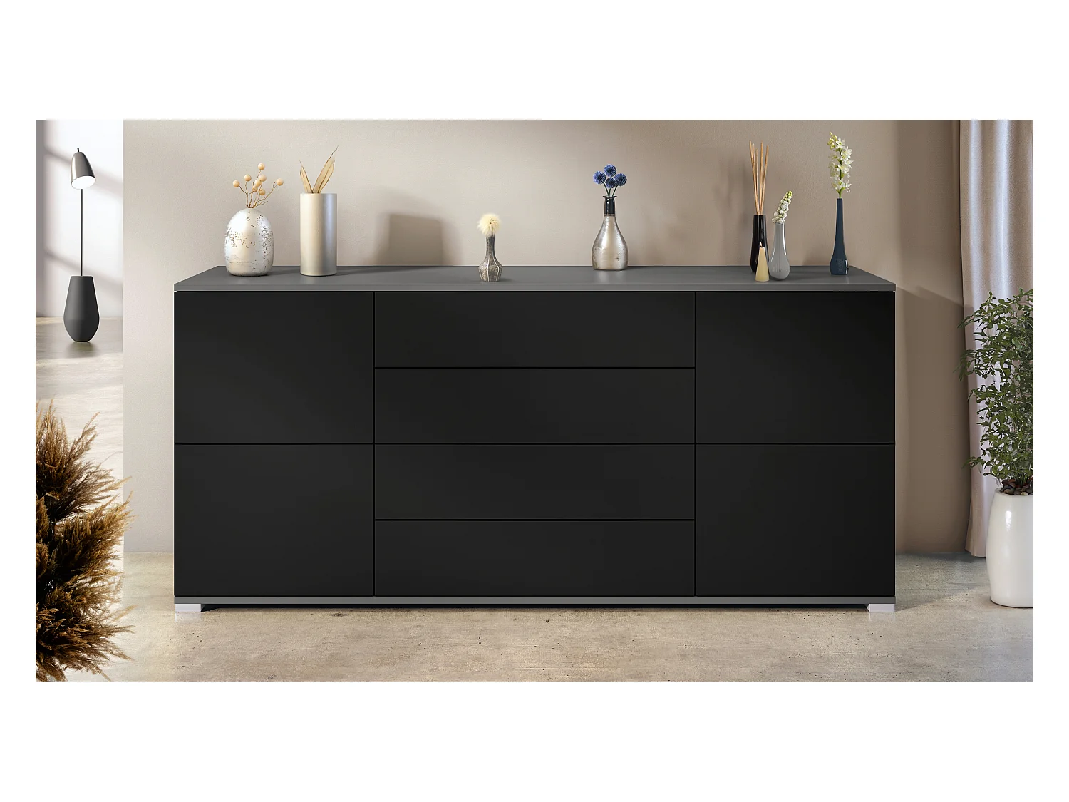 Aparador Rova V2 – Mueble con 4 Puertas y 4 Cajones, antracita mate/negro mate (166,5 x 75,5 x 35)