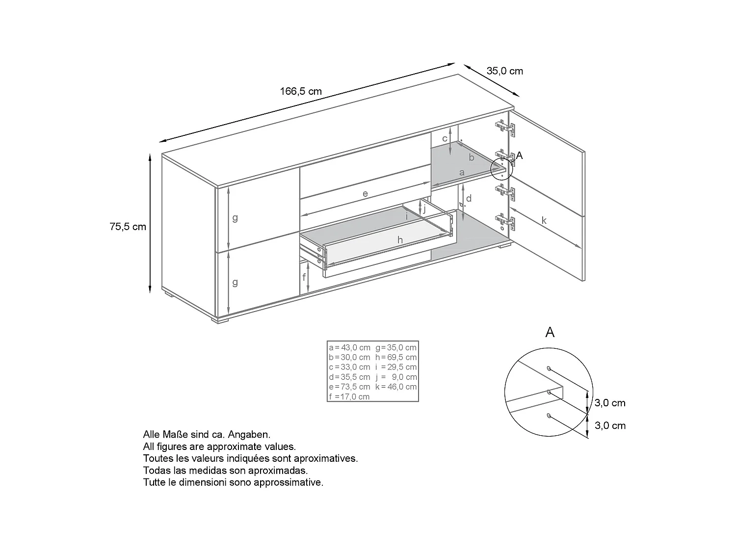 Aparador Rova V2 – Mueble con 4 Puertas y 4 Cajones, antracita mate/negro mate (166,5 x 75,5 x 35)