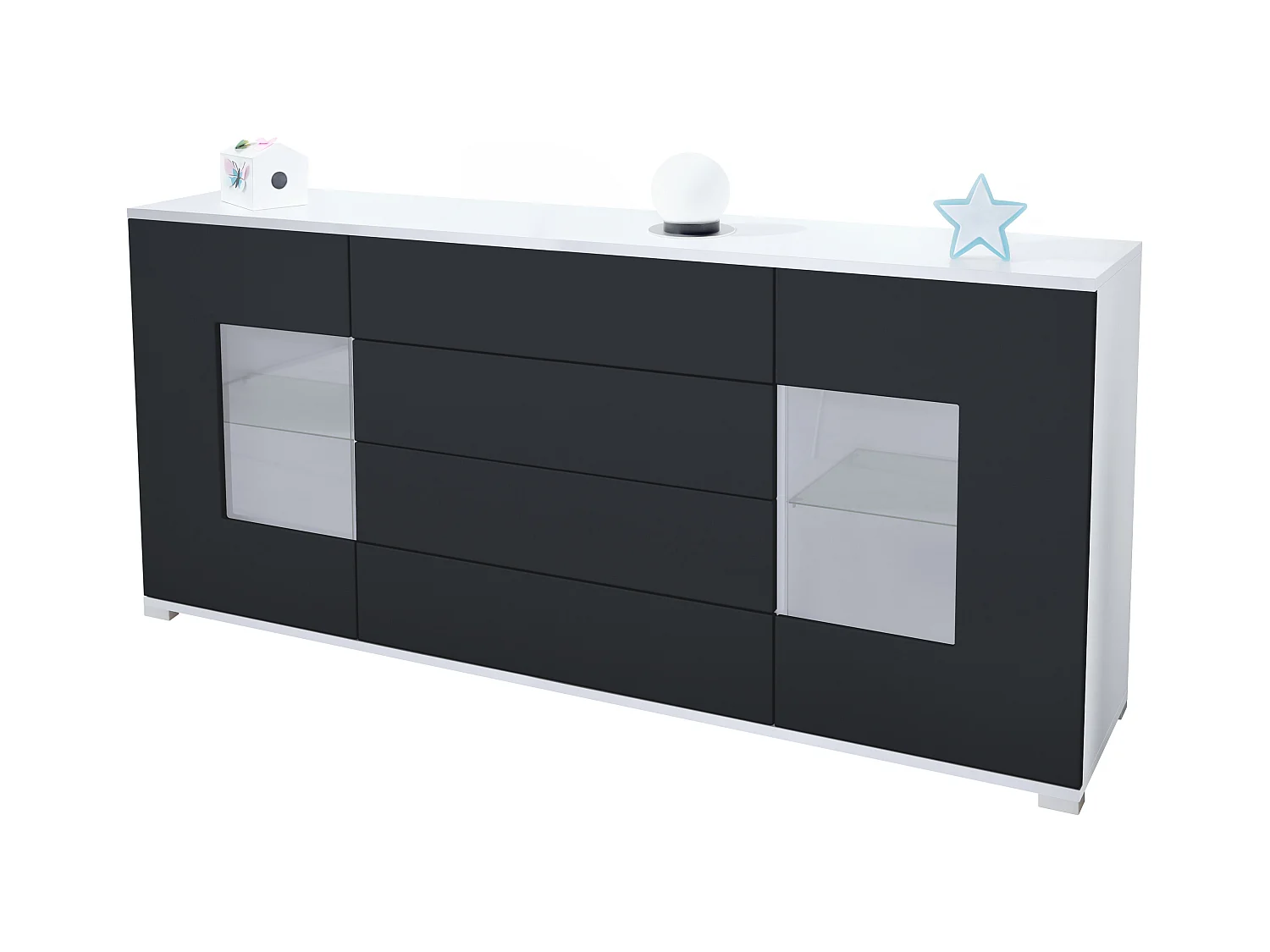 Buffet Grömitz V2 – Meuble avec 2 Grandes Portes et 4 Tiroirs, blanc mat/noir mat (166,5 x 75,5 x 35)