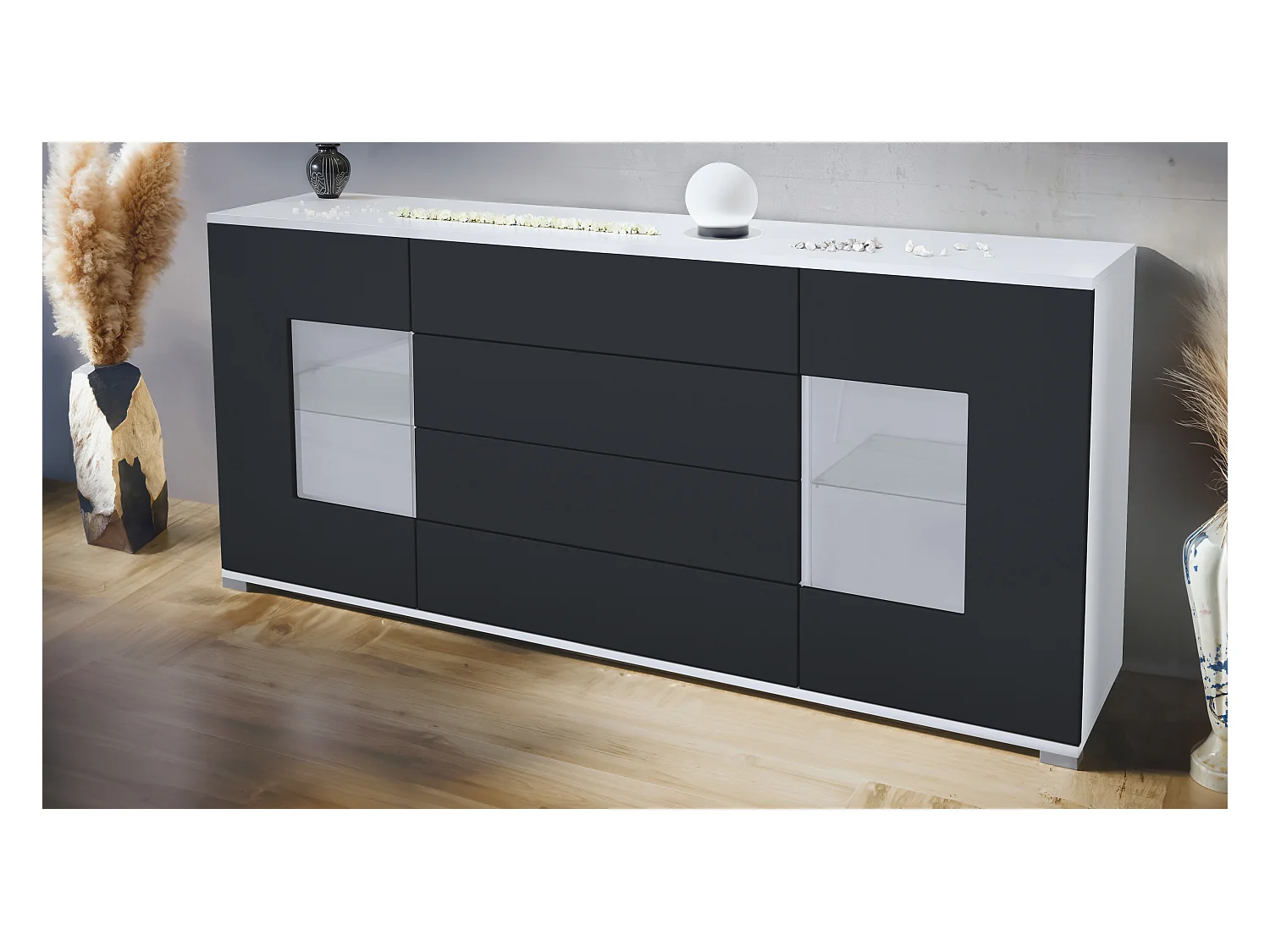 Buffet Grömitz V2 – Meuble avec 2 Grandes Portes et 4 Tiroirs, blanc mat/noir mat (166,5 x 75,5 x 35)