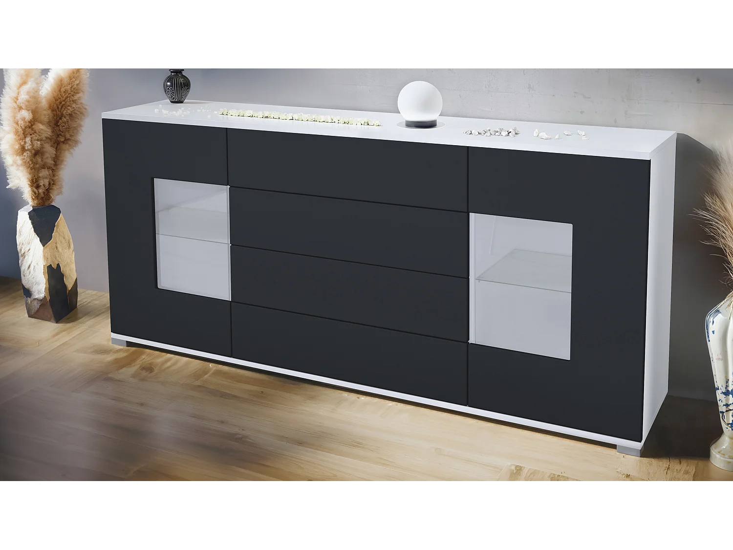 Buffet Grömitz V2 – Meuble avec 2 Grandes Portes et 4 Tiroirs, blanc mat/noir mat (166,5 x 75,5 x 35)