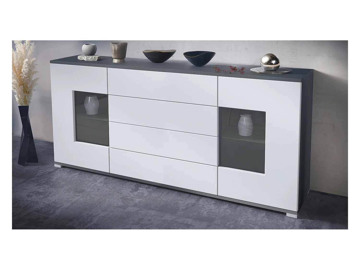 Buffet Grömitz V2 – Meuble avec 2 Grandes Portes et 4 Tiroirs, anthracite mat/blanc mat (166,5 x 75,5 x 35)