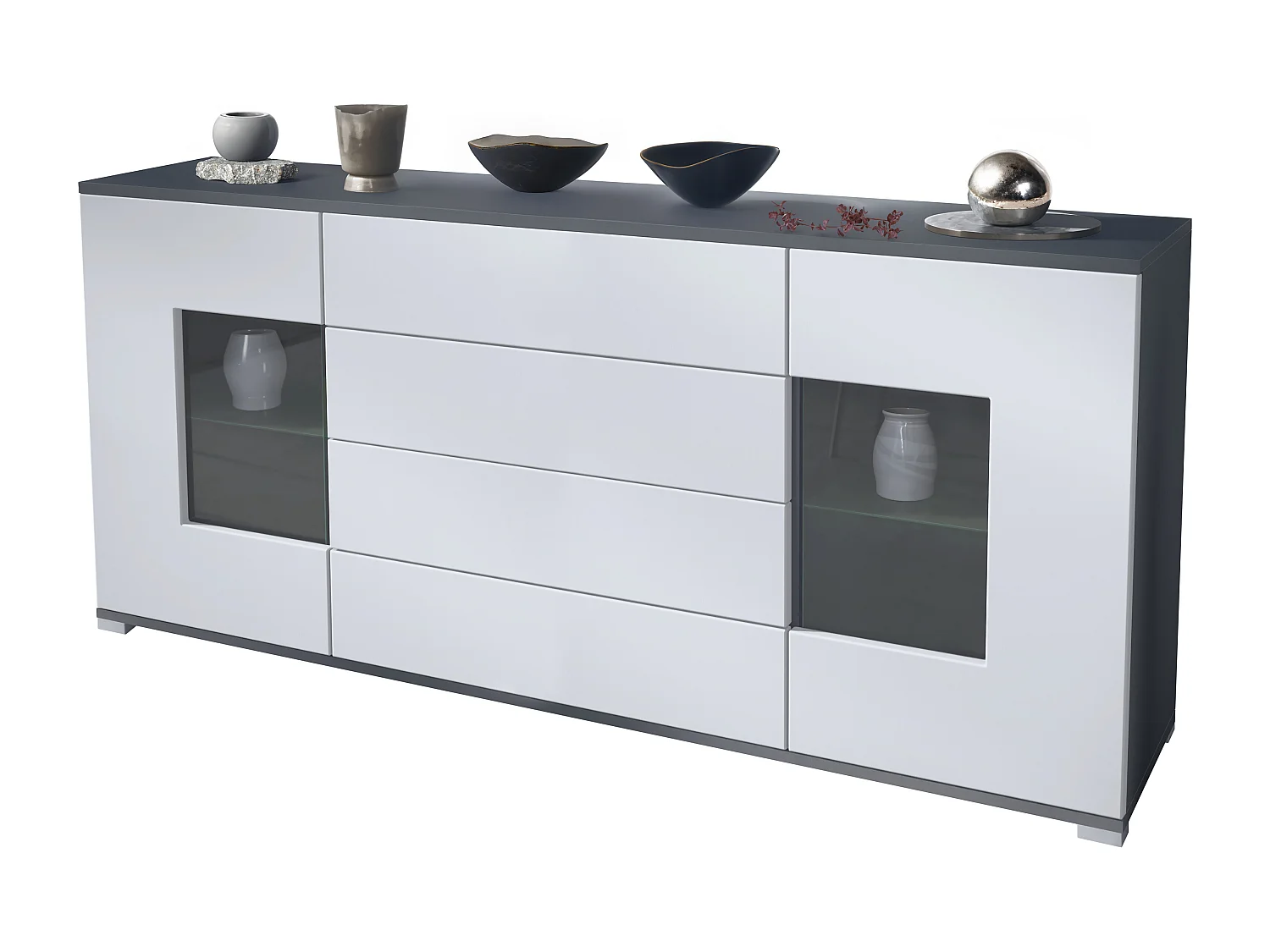 Buffet Grömitz V2 – Meuble avec 2 Grandes Portes et 4 Tiroirs, anthracite mat/blanc mat (166,5 x 75,5 x 35)