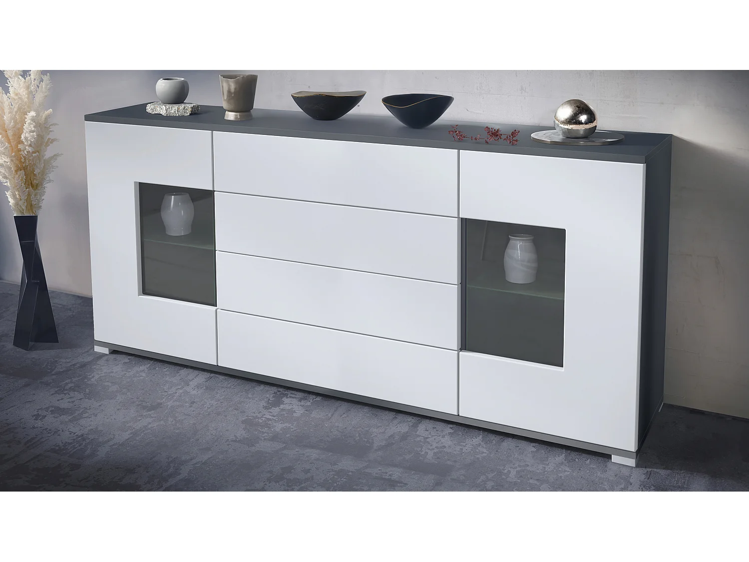 Buffet Grömitz V2 – Meuble avec 2 Grandes Portes et 4 Tiroirs, anthracite mat/blanc mat (166,5 x 75,5 x 35)