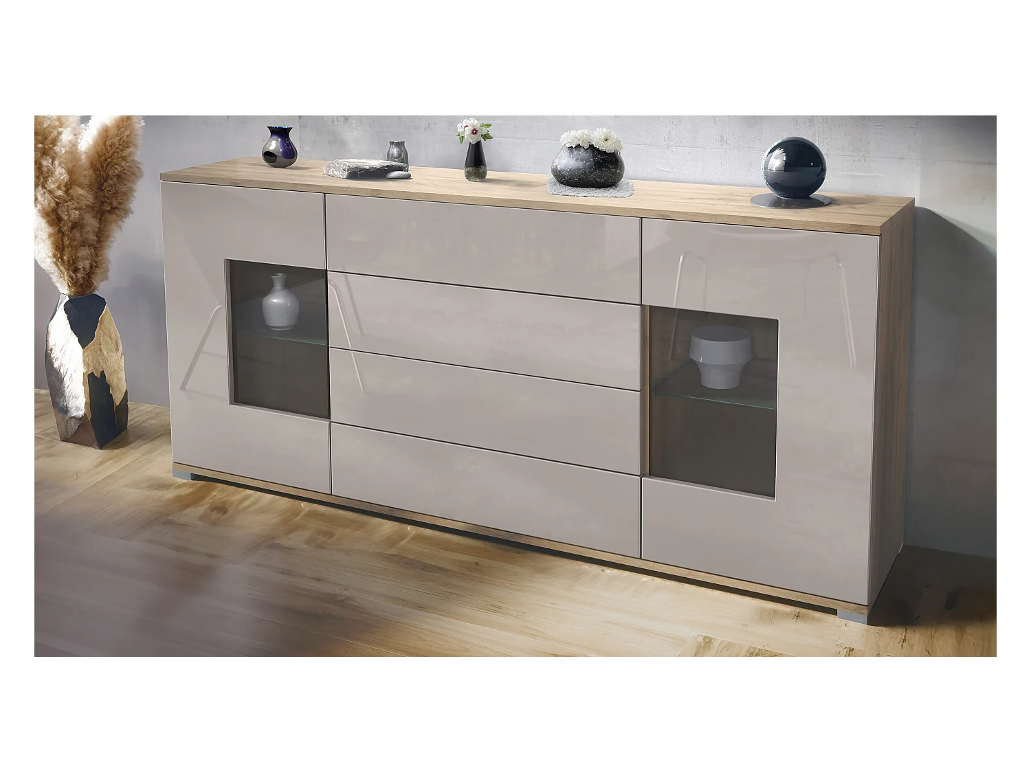 Buffet Grömitz V2 – Meuble avec 2 Grandes Portes et 4 Tiroirs, Chêne Evoke/gris sable haute brillance (166,5 x 75,5 x 35)