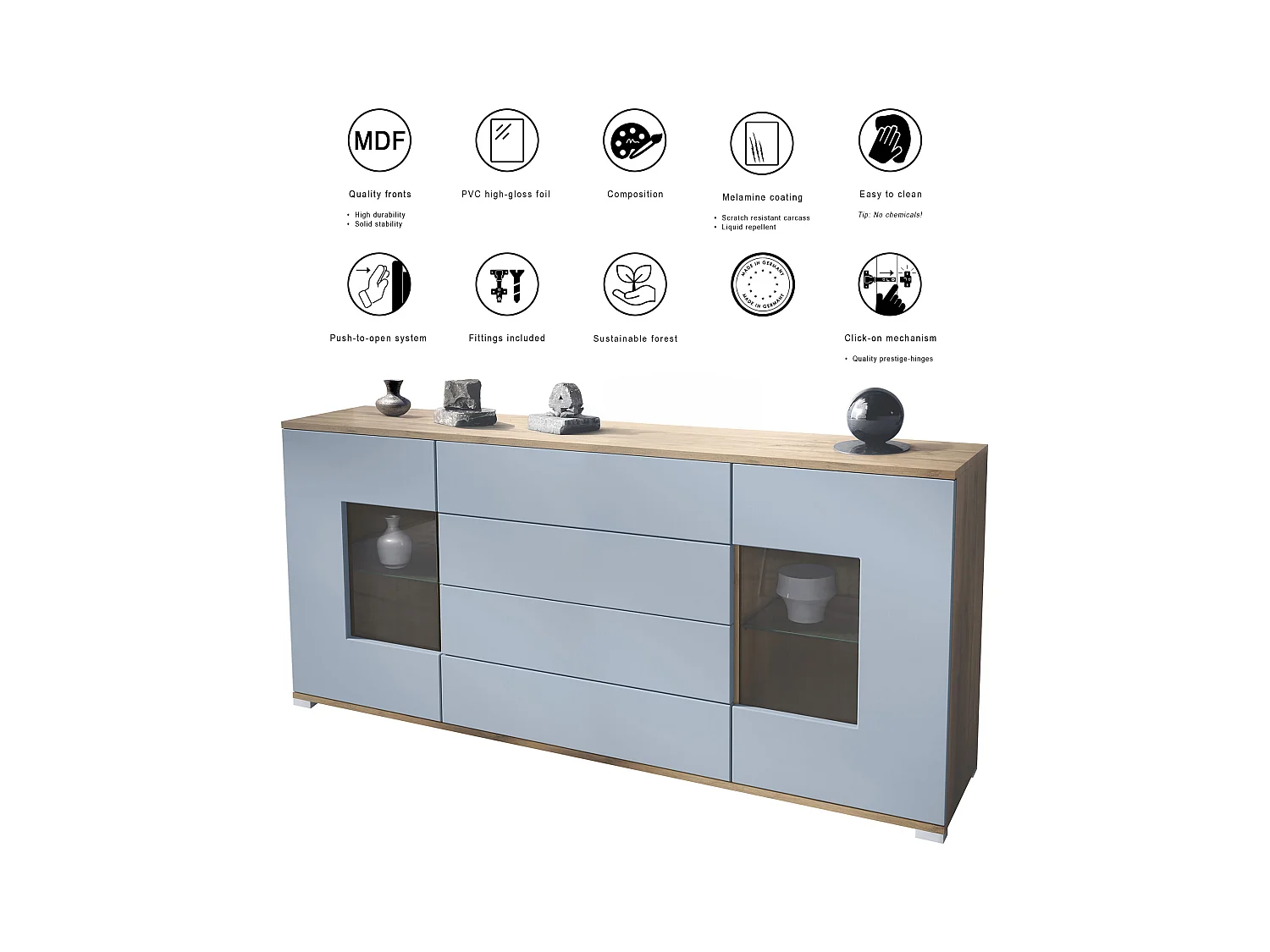 Buffet Grömitz V2 – Meuble avec 2 Grandes Portes et 4 Tiroirs, Chêne Evoke/gris sable haute brillance (166,5 x 75,5 x 35)