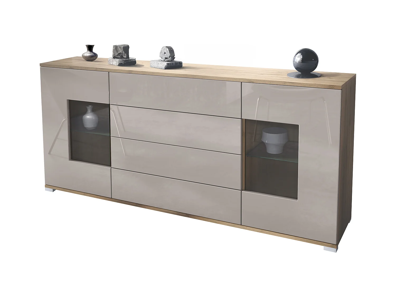 Buffet Grömitz V2 – Meuble avec 2 Grandes Portes et 4 Tiroirs, Chêne Evoke/gris sable haute brillance (166,5 x 75,5 x 35)