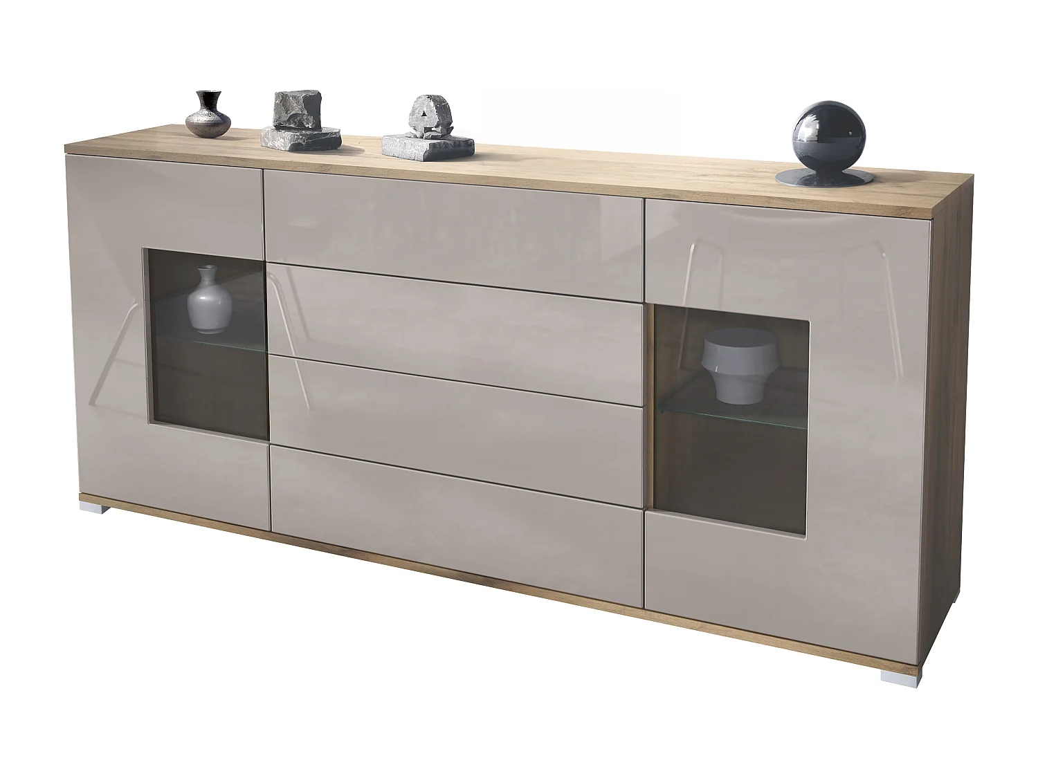 Buffet Grömitz V2 – Meuble avec 2 Grandes Portes et 4 Tiroirs, Chêne Evoke/gris sable haute brillance (166,5 x 75,5 x 35)