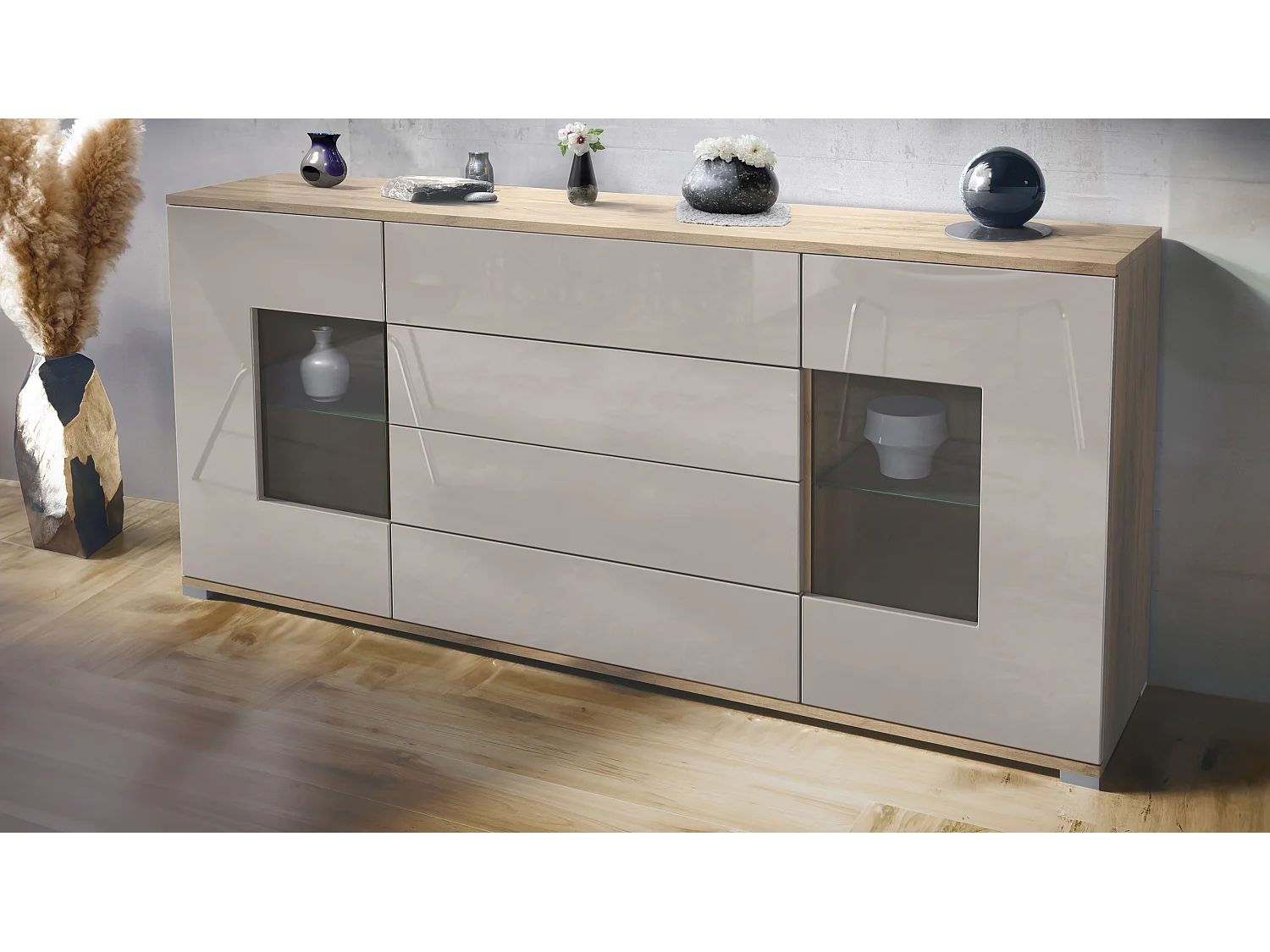 Buffet Grömitz V2 – Meuble avec 2 Grandes Portes et 4 Tiroirs, Chêne Evoke/gris sable haute brillance (166,5 x 75,5 x 35)