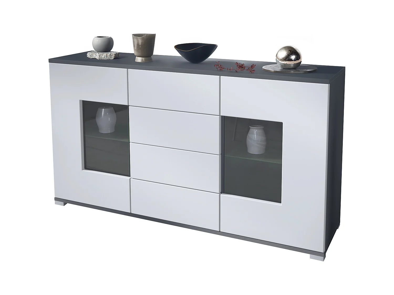 Buffet Grömitz V1 – Meuble avec 2 Grandes Portes et 4 Tiroirs, anthracite mat/blanc mat (138,5 x 75,5 x 35)
