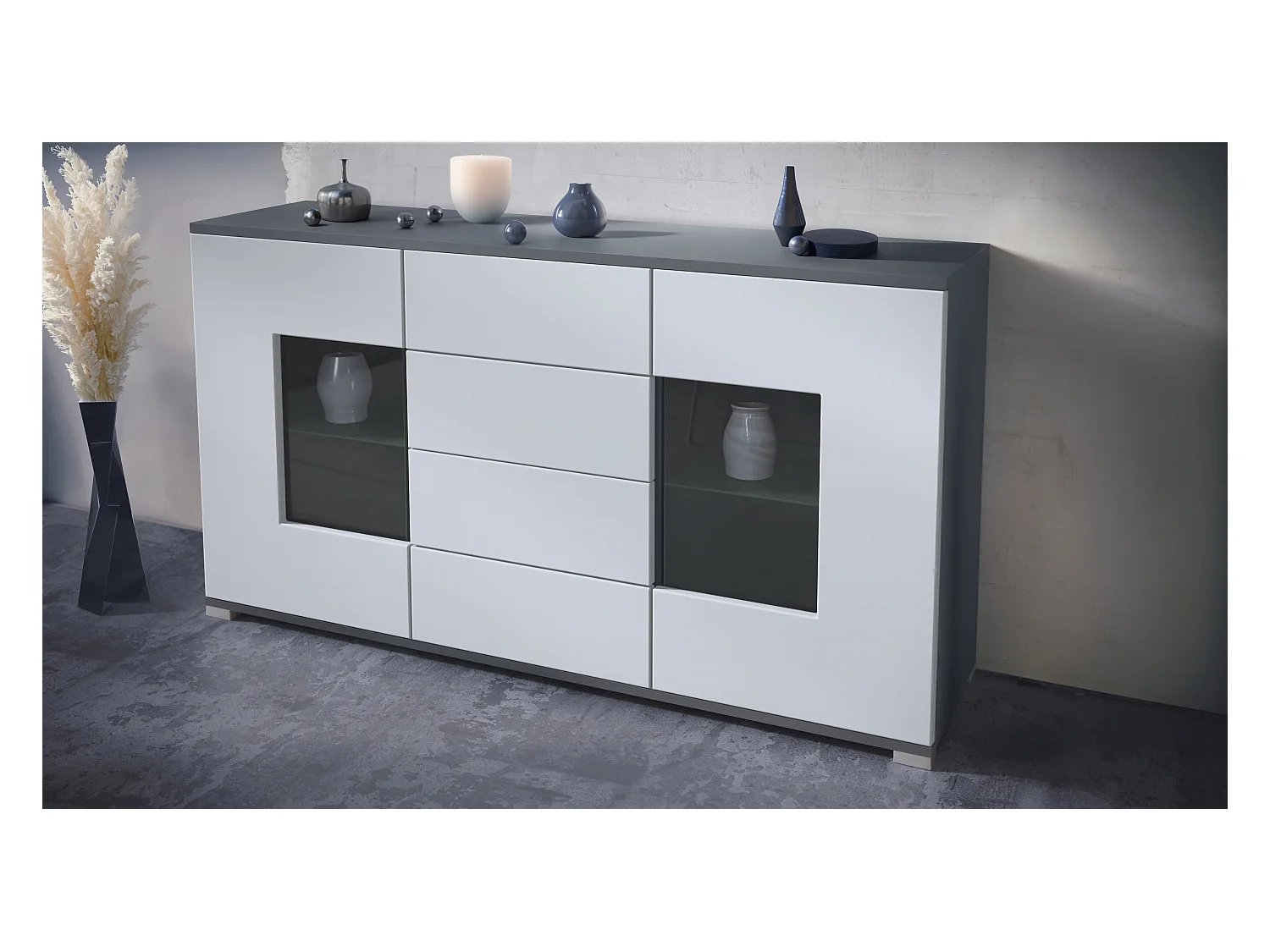 Buffet Grömitz V1 – Meuble avec 2 Grandes Portes et 4 Tiroirs, anthracite mat/blanc mat (138,5 x 75,5 x 35)