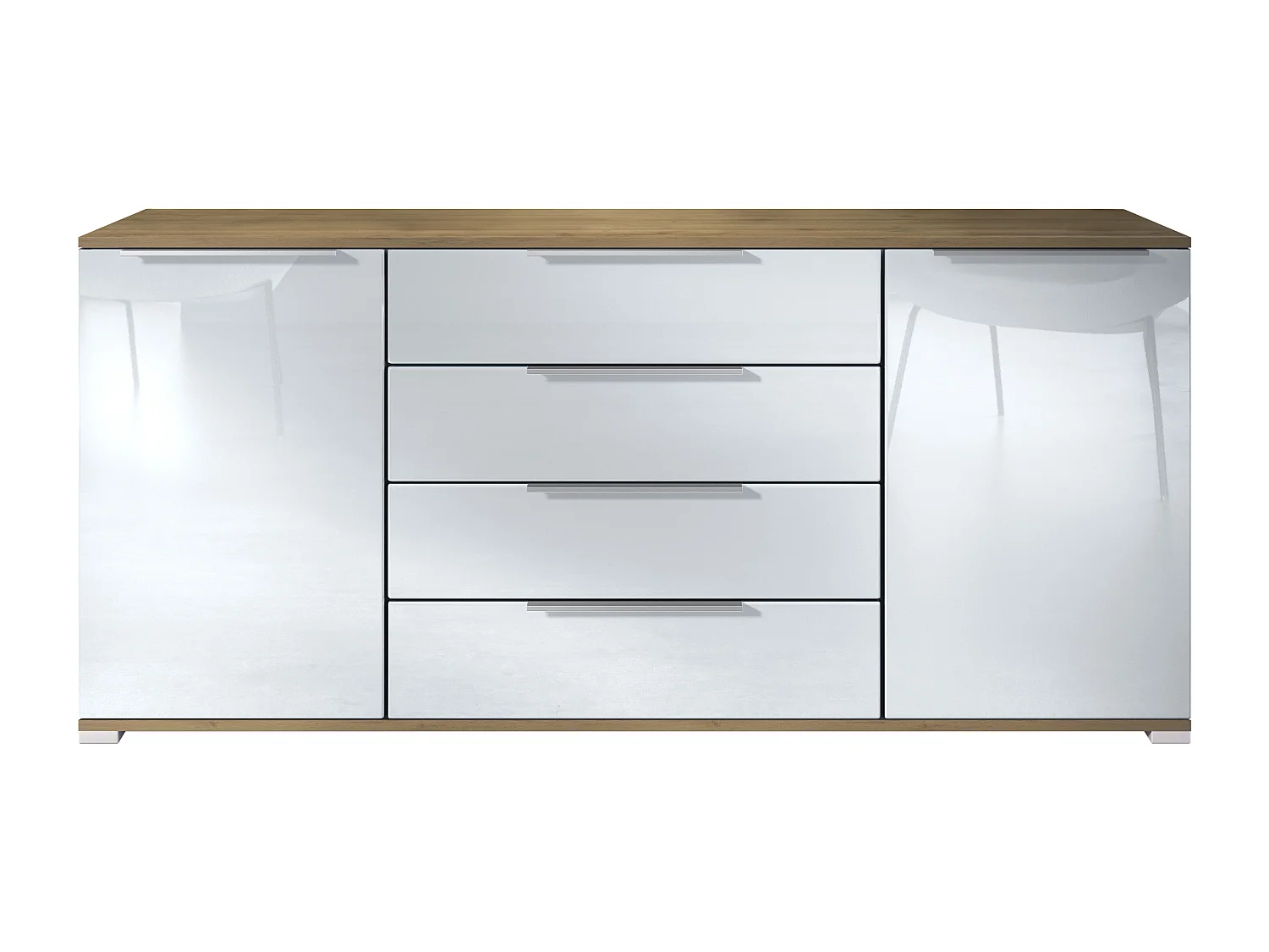 Buffet Linio V2 – Commode moderne avec 2 portes et 4 tiroirs, Chêne Evoke/blanc haute brillance, 166,5 x 75,5 x 35 cm (L x H x P) – Meuble de rangement bahut