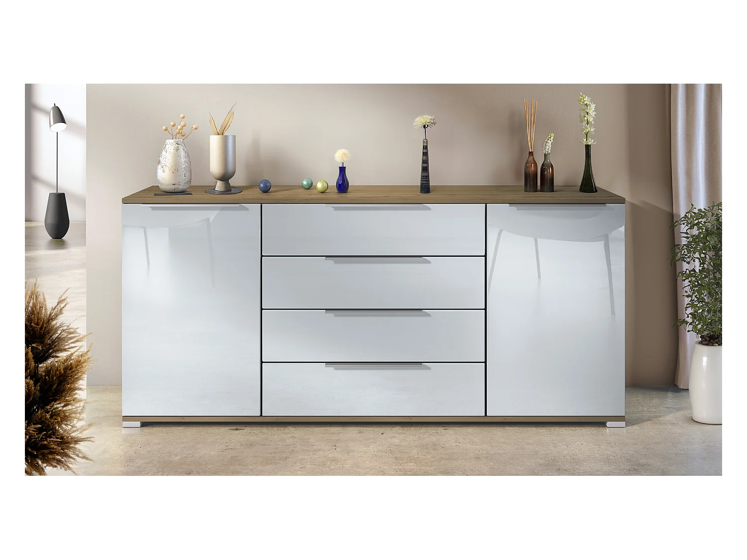 Buffet Linio V2 – Commode moderne avec 2 portes et 4 tiroirs, Chêne Evoke/blanc haute brillance, 166,5 x 75,5 x 35 cm (L x H x P) – Meuble de rangement bahut