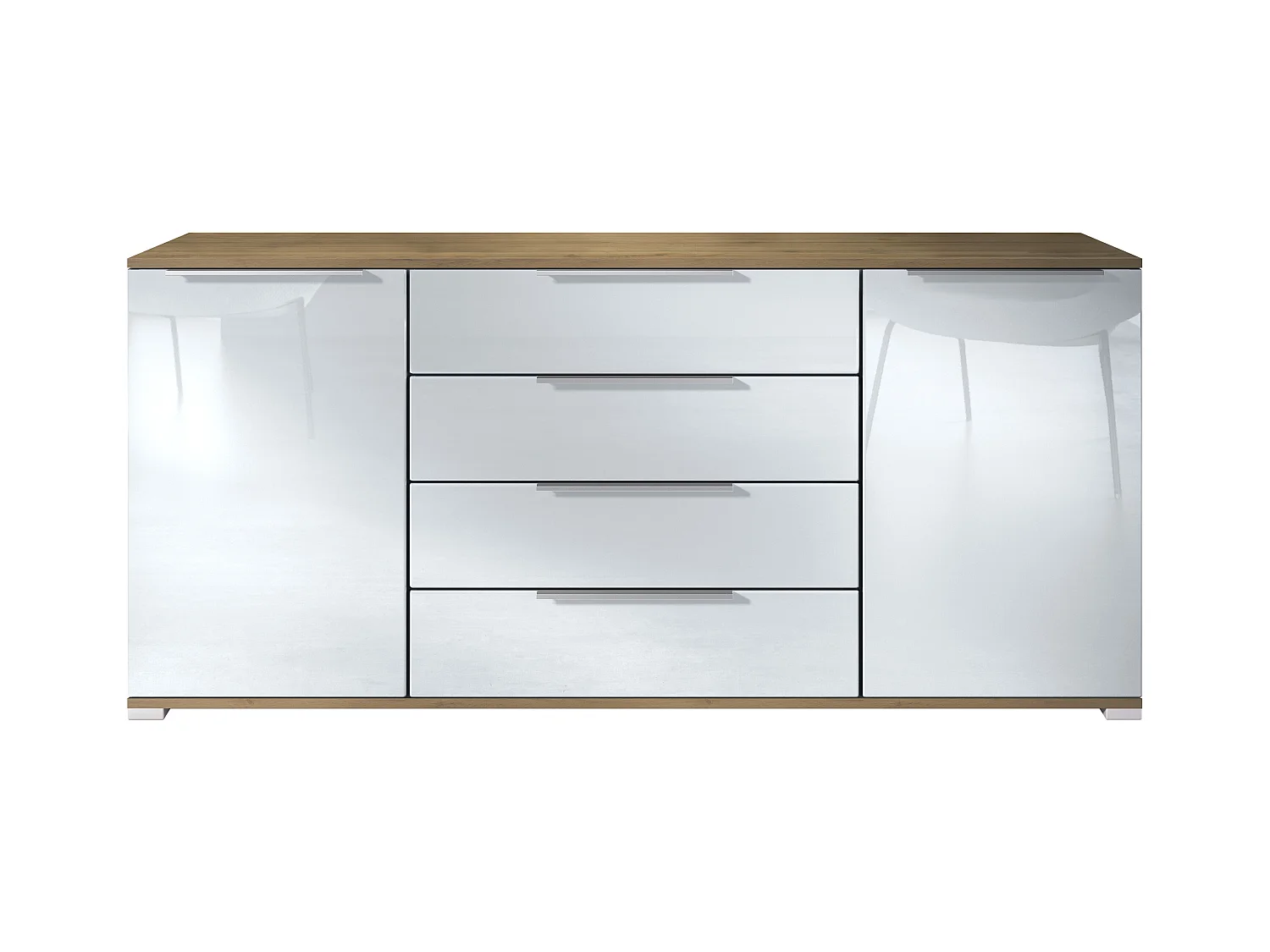 Buffet Linio V2 – Commode moderne avec 2 portes et 4 tiroirs, Chêne Evoke/blanc haute brillance, 166,5 x 75,5 x 35 cm (L x H x P) – Meuble de rangement bahut
