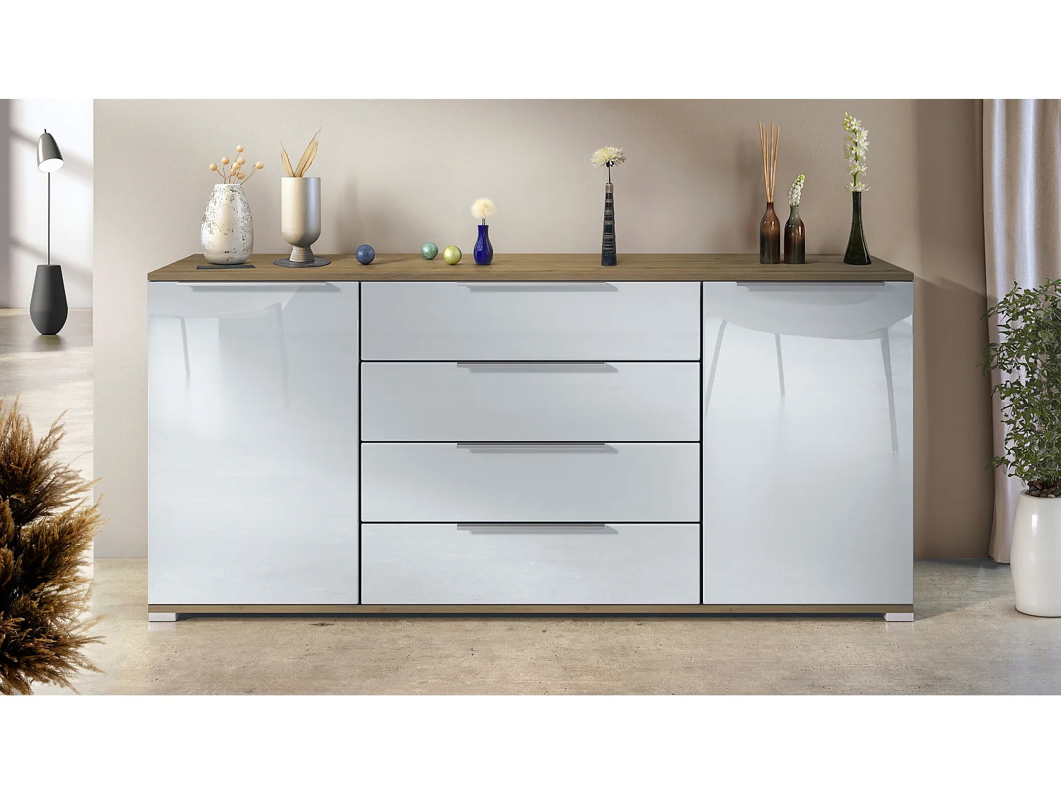 Buffet Linio V2 – Commode moderne avec 2 portes et 4 tiroirs, Chêne Evoke/blanc haute brillance, 166,5 x 75,5 x 35 cm (L x H x P) – Meuble de rangement bahut