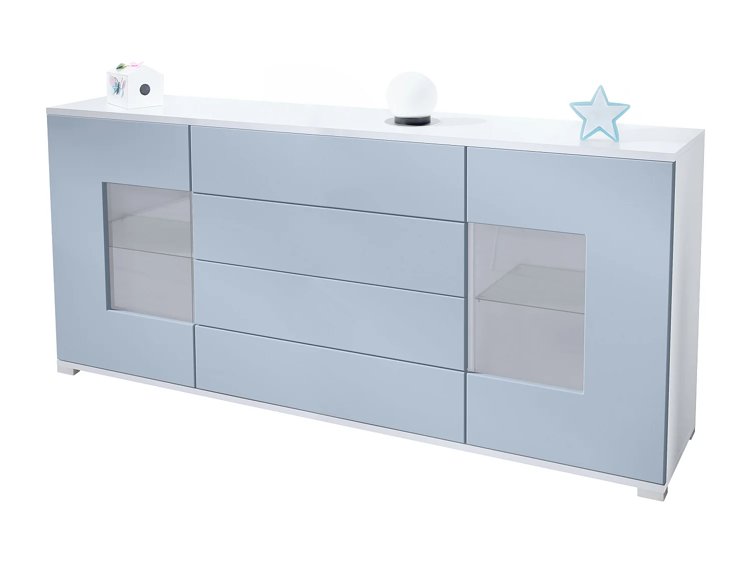 Buffet Grömitz V2 – Meuble avec 2 Grandes Portes et 4 Tiroirs, blanc mat/denim mat (166,5 x 75,5 x 35)
