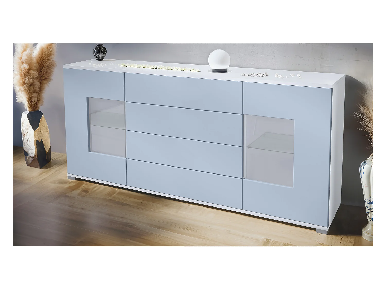 Buffet Grömitz V2 – Meuble avec 2 Grandes Portes et 4 Tiroirs, blanc mat/denim mat (166,5 x 75,5 x 35)
