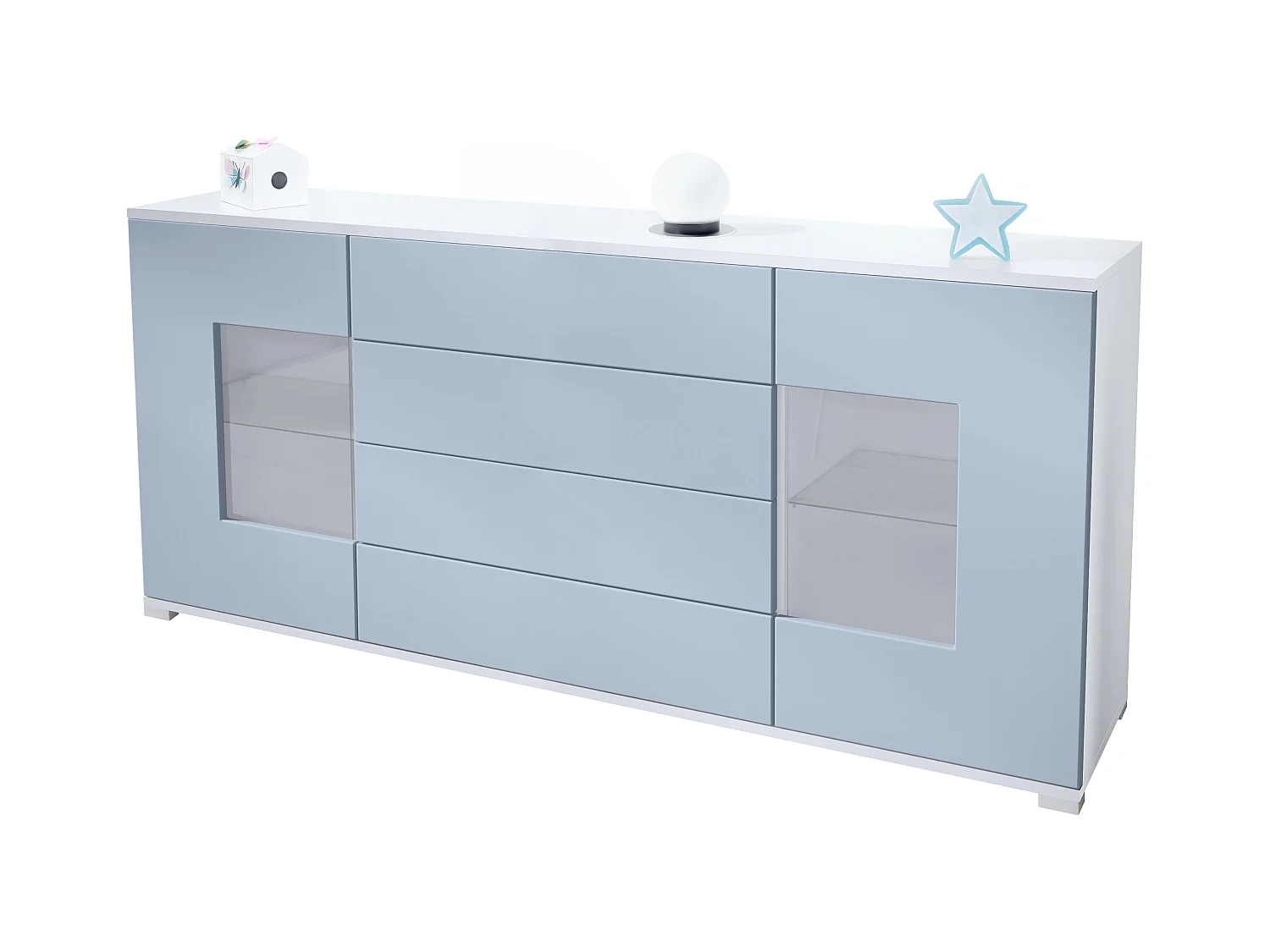 Buffet Grömitz V2 – Meuble avec 2 Grandes Portes et 4 Tiroirs, blanc mat/denim mat (166,5 x 75,5 x 35)