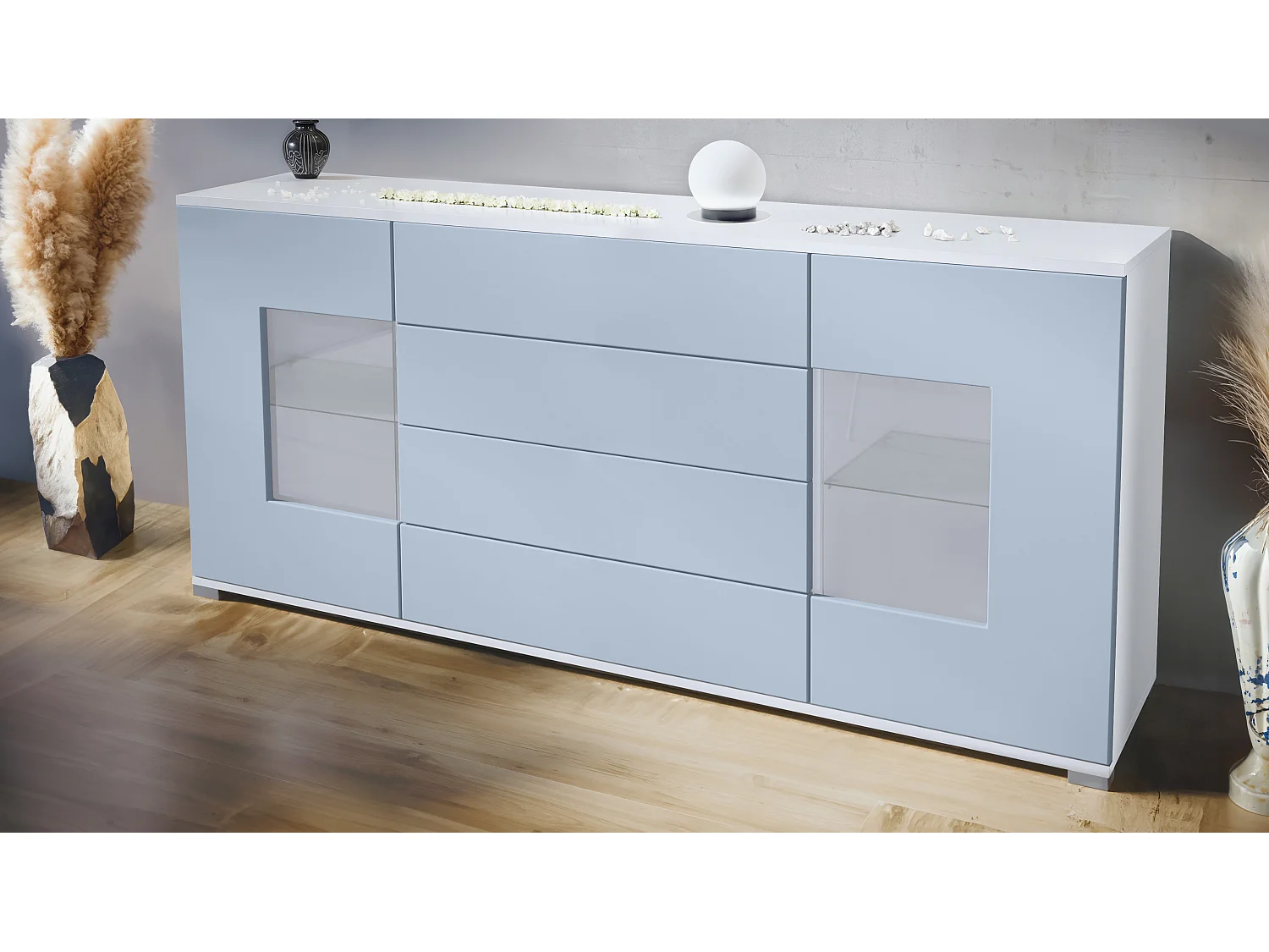 Buffet Grömitz V2 – Meuble avec 2 Grandes Portes et 4 Tiroirs, blanc mat/denim mat (166,5 x 75,5 x 35)