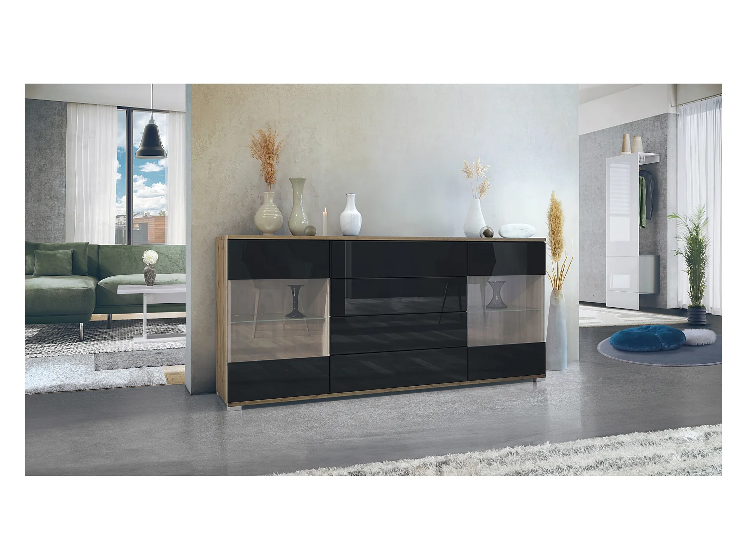 Buffet Bari V2 – Meuble avec 2 Grandes Portes et 4 Tiroirs, Chêne Evoke/noir haute brillance (166,5 x 75,5 x 35)
