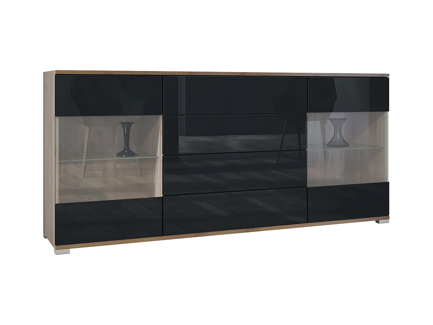 Buffet Bari V2 – Meuble avec 2 Grandes Portes et 4 Tiroirs, Chêne Evoke/noir haute brillance (166,5 x 75,5 x 35)