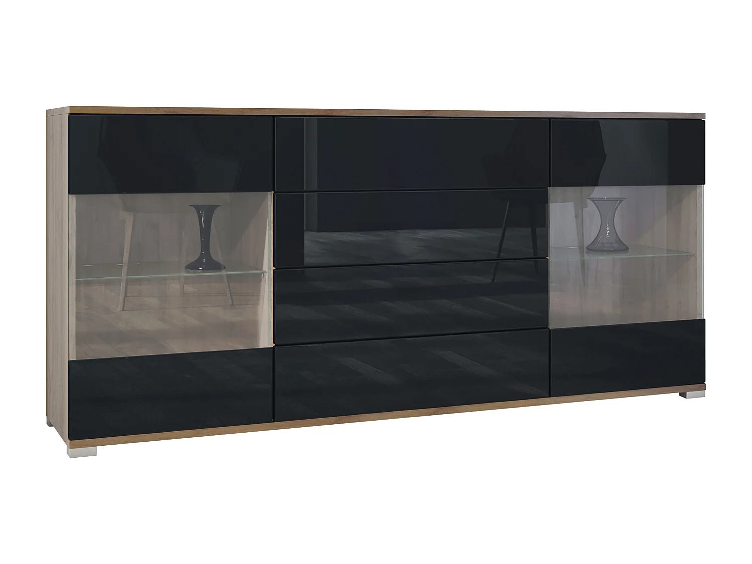 Buffet Bari V2 – Meuble avec 2 Grandes Portes et 4 Tiroirs, Chêne Evoke/noir haute brillance (166,5 x 75,5 x 35)